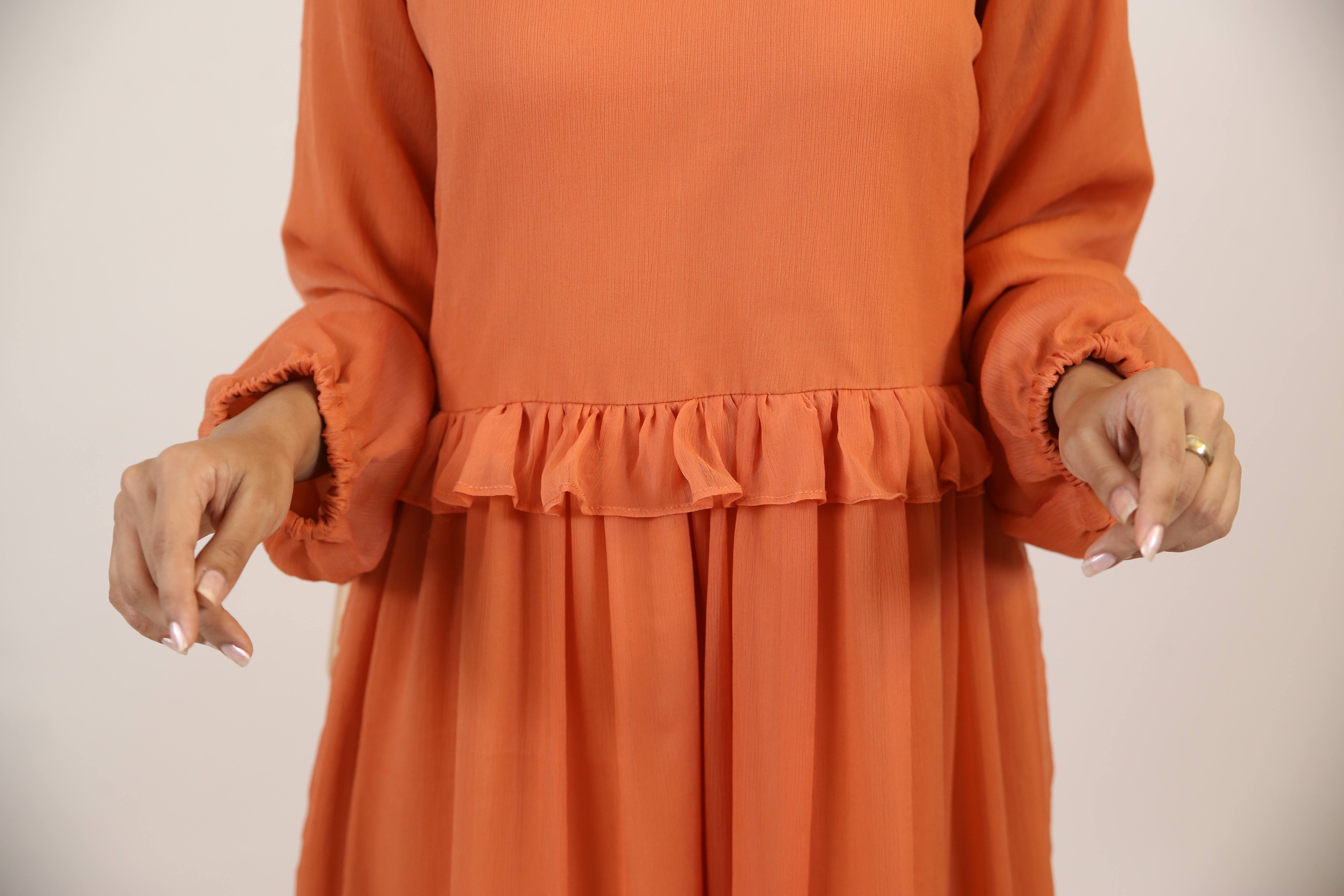 Khareef- Splendid Chiffon fully lined maxi dress with tiered ruffles- Pumpkin orange