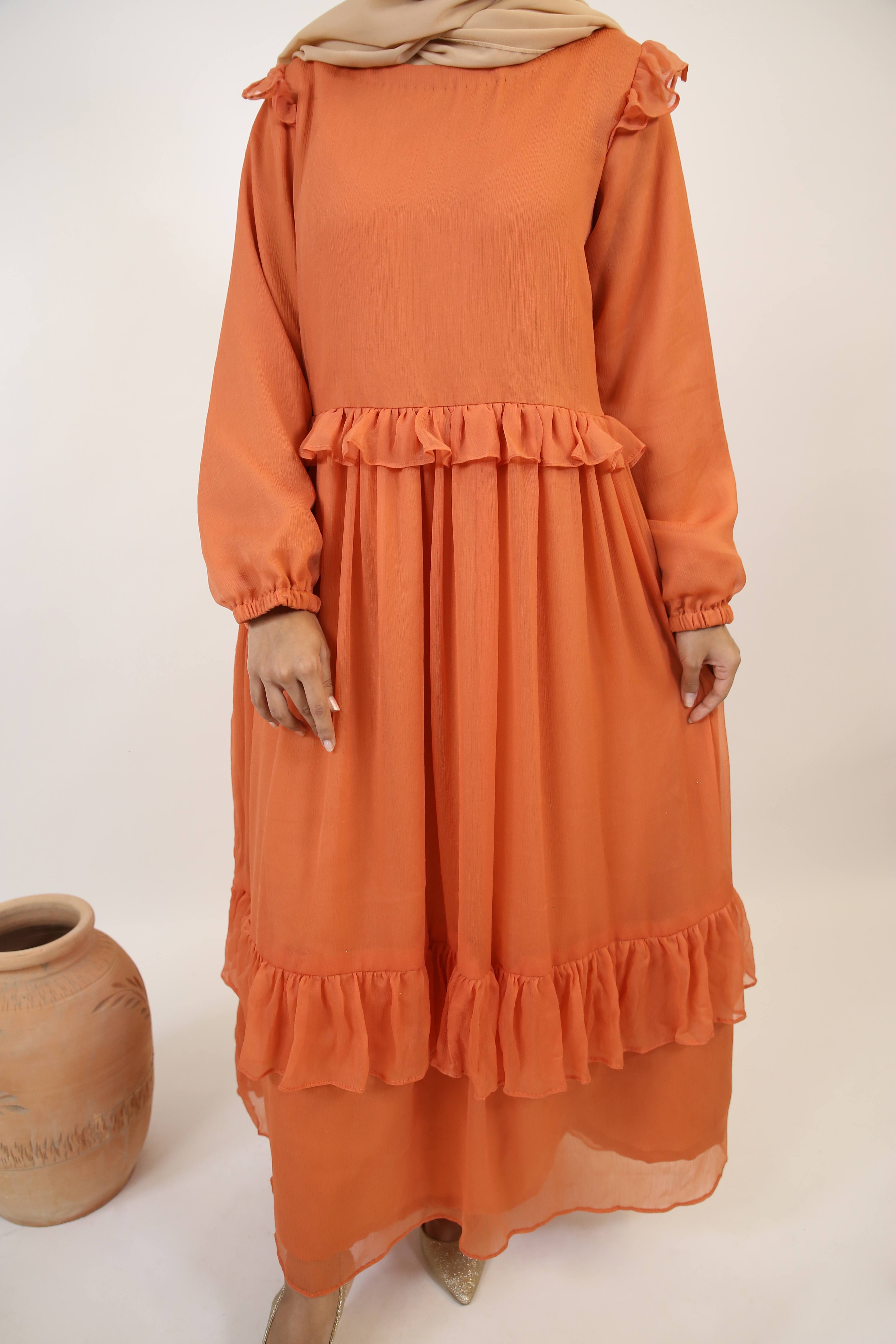Khareef- Splendid Chiffon fully lined maxi dress with tiered ruffles- Pumpkin orange