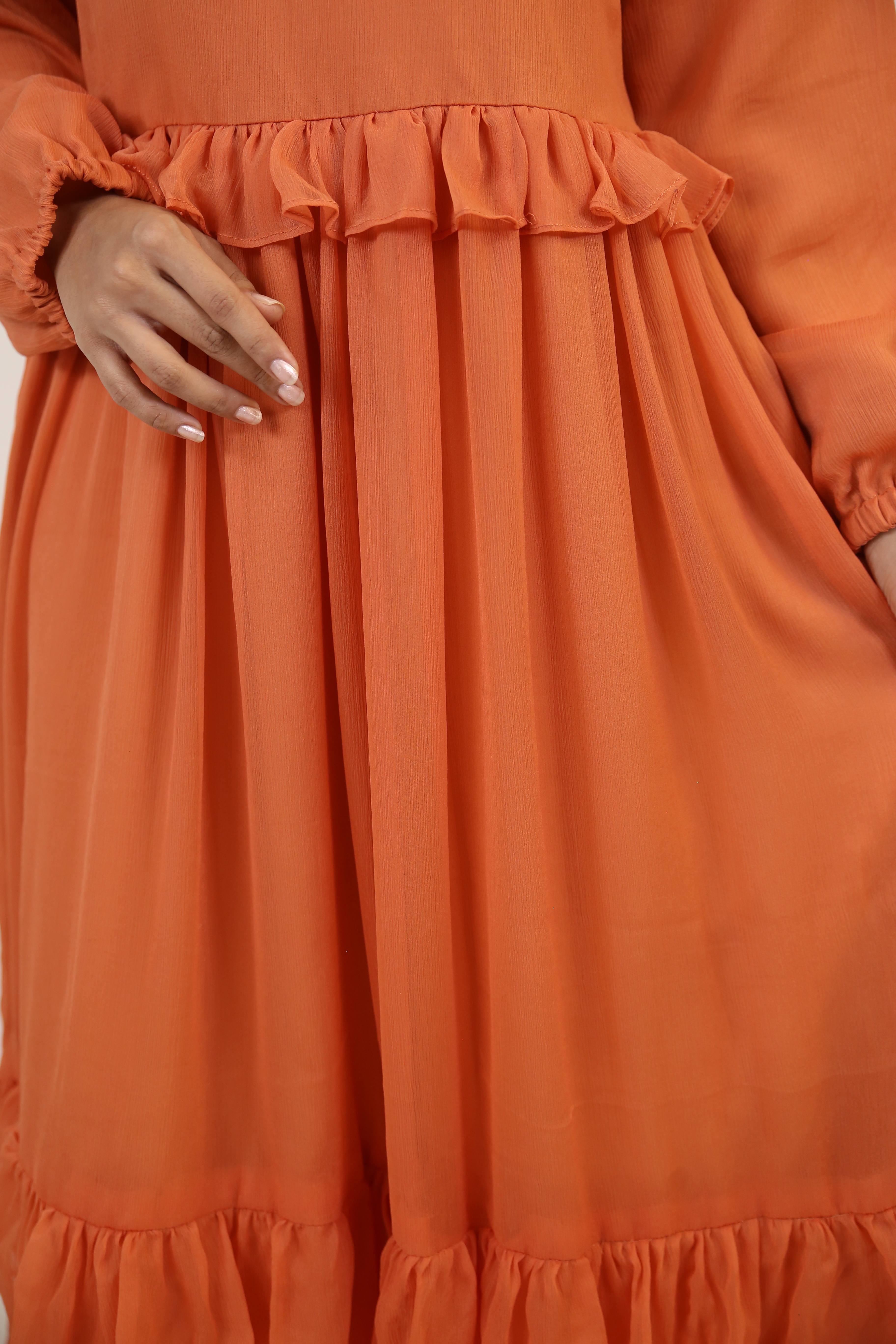 Khareef- Splendid Chiffon fully lined maxi dress with tiered ruffles- Pumpkin orange