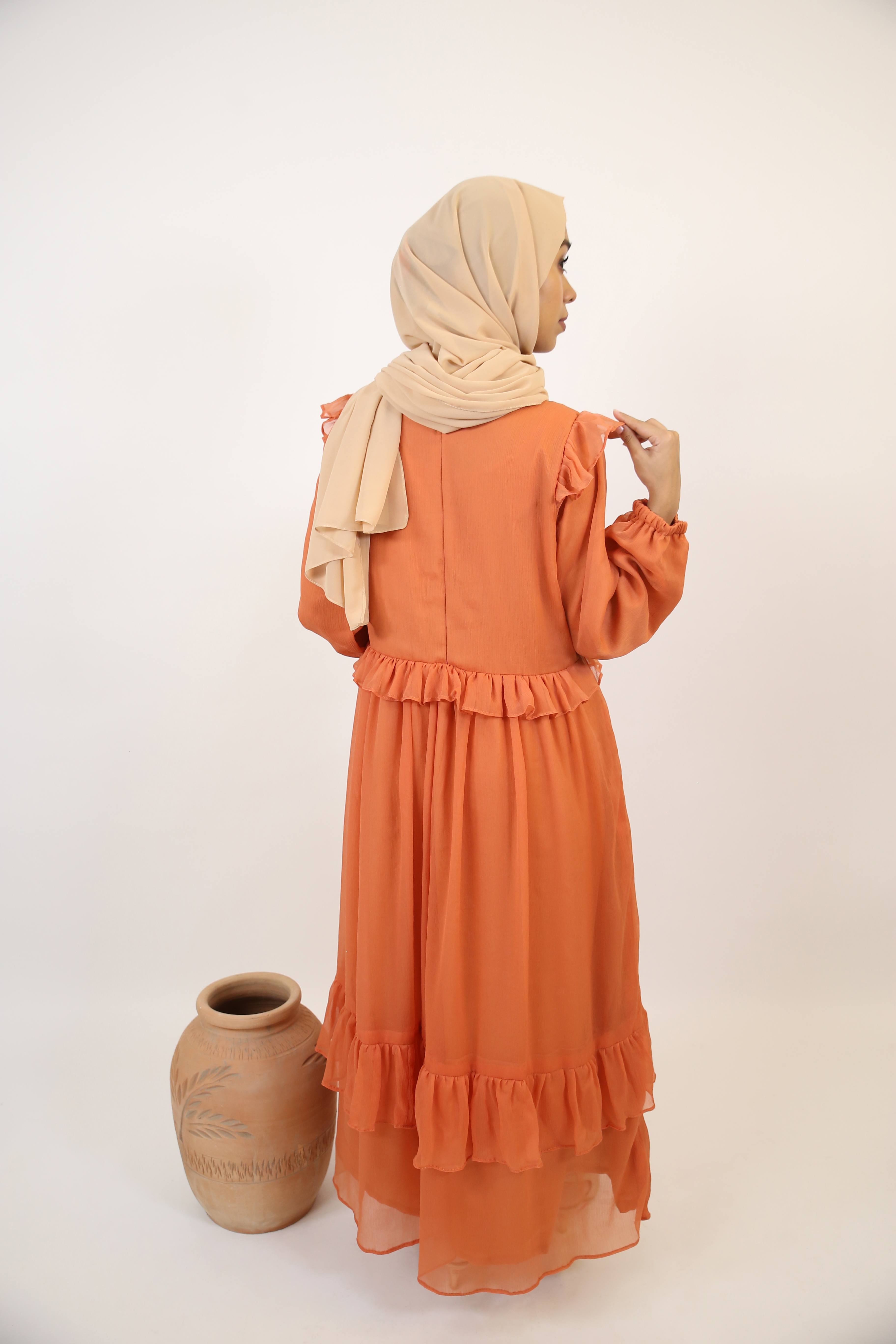 Khareef- Splendid Chiffon fully lined maxi dress with tiered ruffles- Pumpkin orange