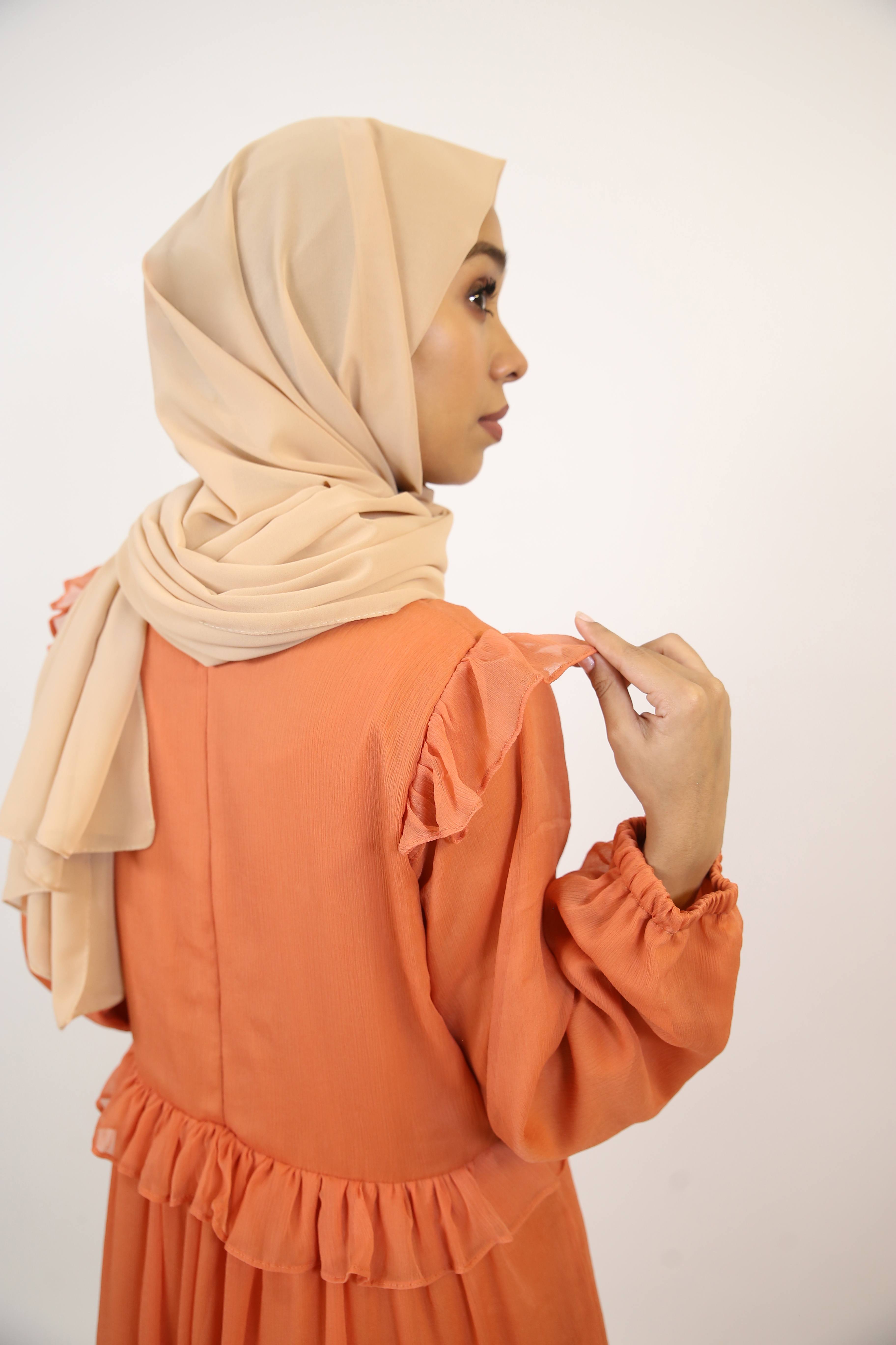 Khareef- Splendid Chiffon fully lined maxi dress with tiered ruffles- Pumpkin orange