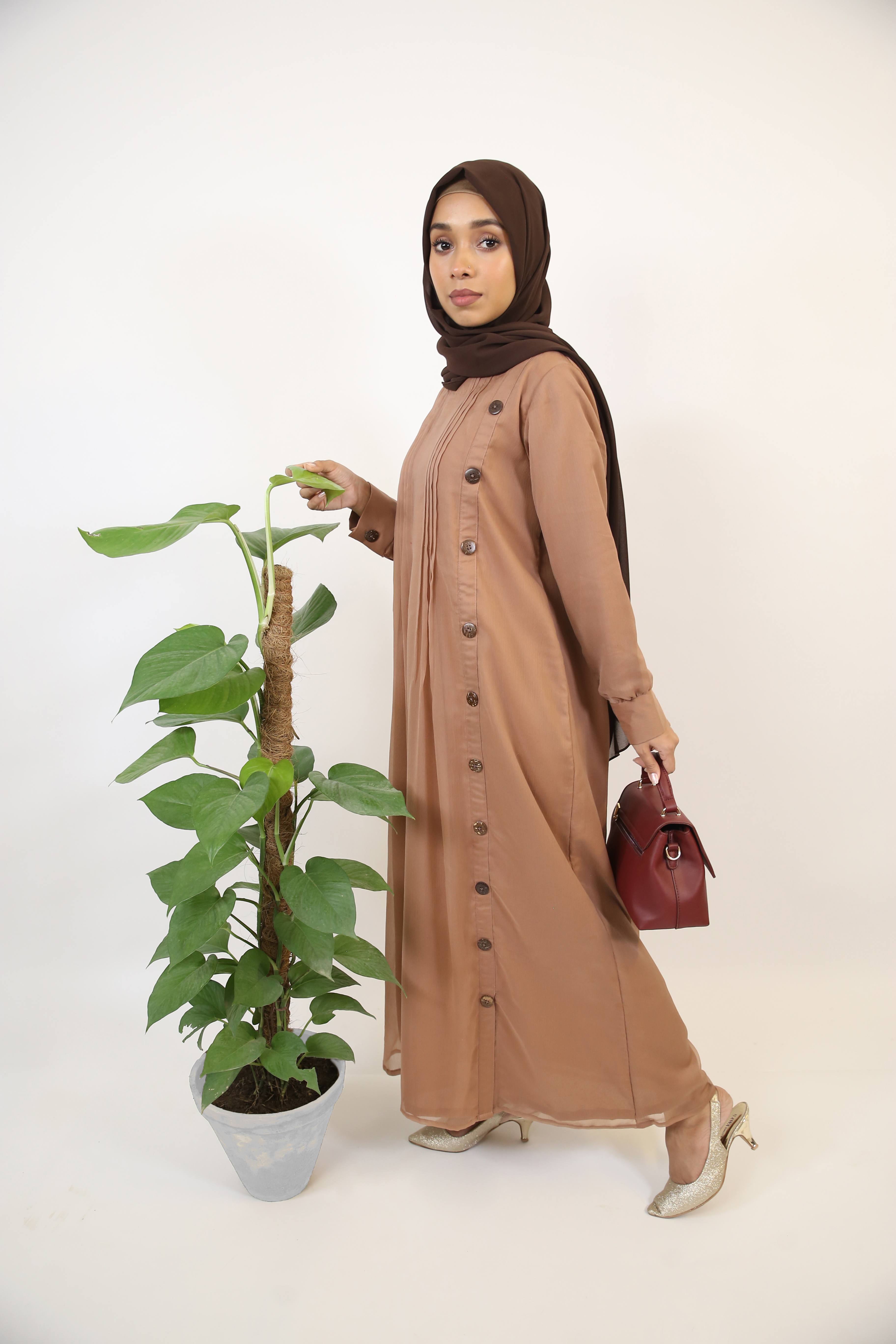 Sahraa- Gorgeous Chiffon Lined maxi dress with drapes and single row buttons- Sandy beige