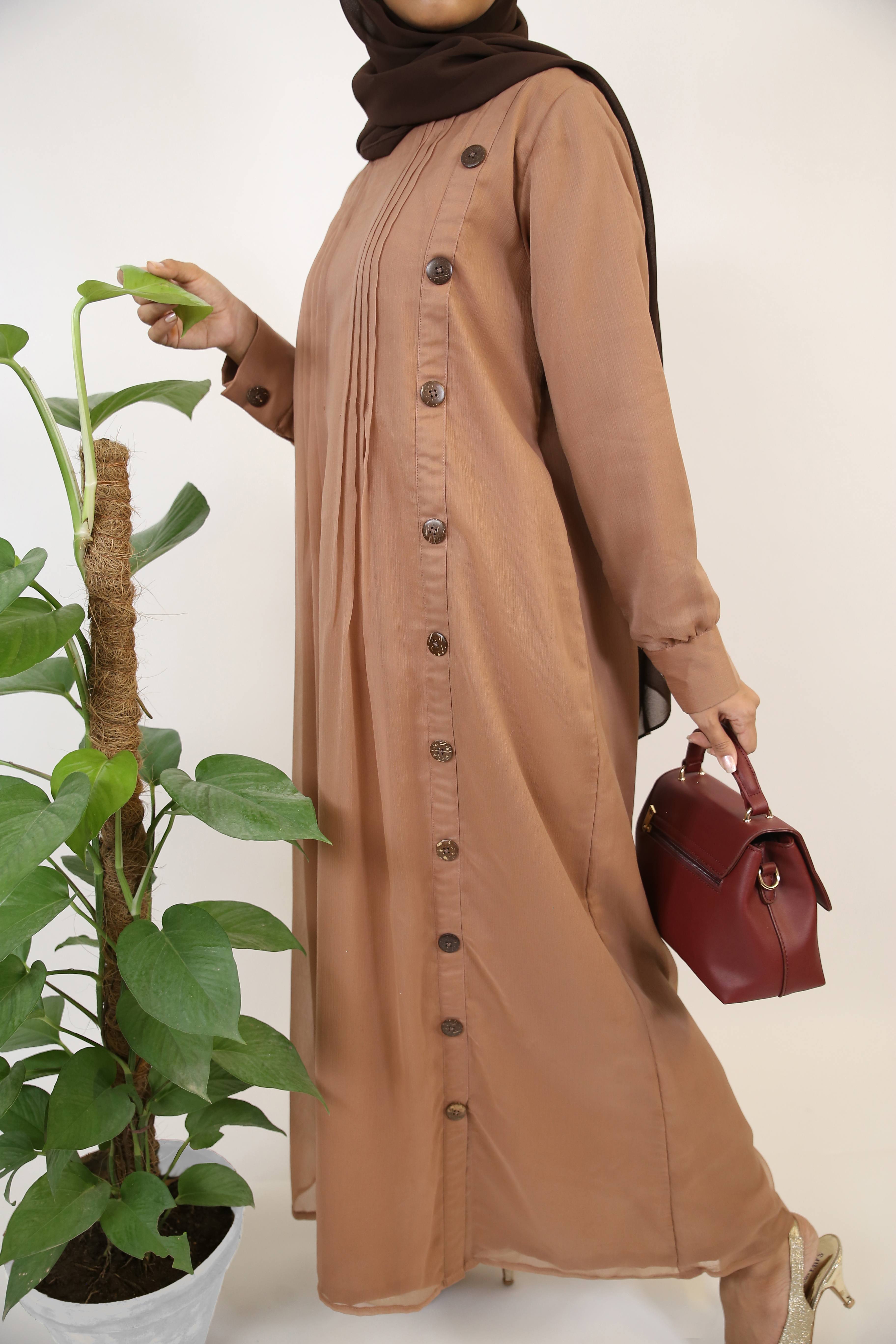 Sahraa- Gorgeous Chiffon Lined maxi dress with drapes and single row buttons- Sandy beige