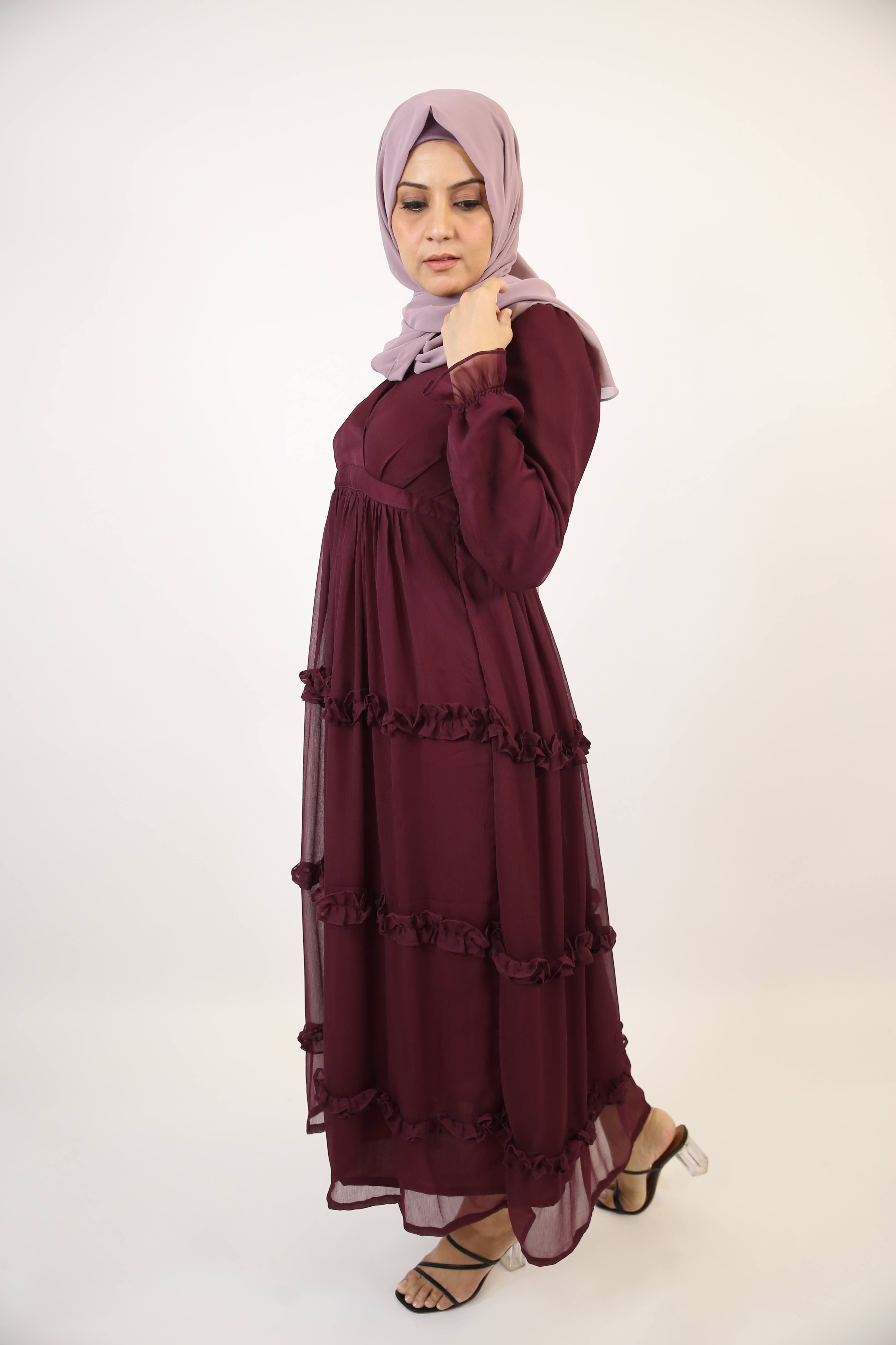 Bustan- Enchanting Chiffon fully lined maxi dress with layered ruffles and puffed sleeves- Plum Red