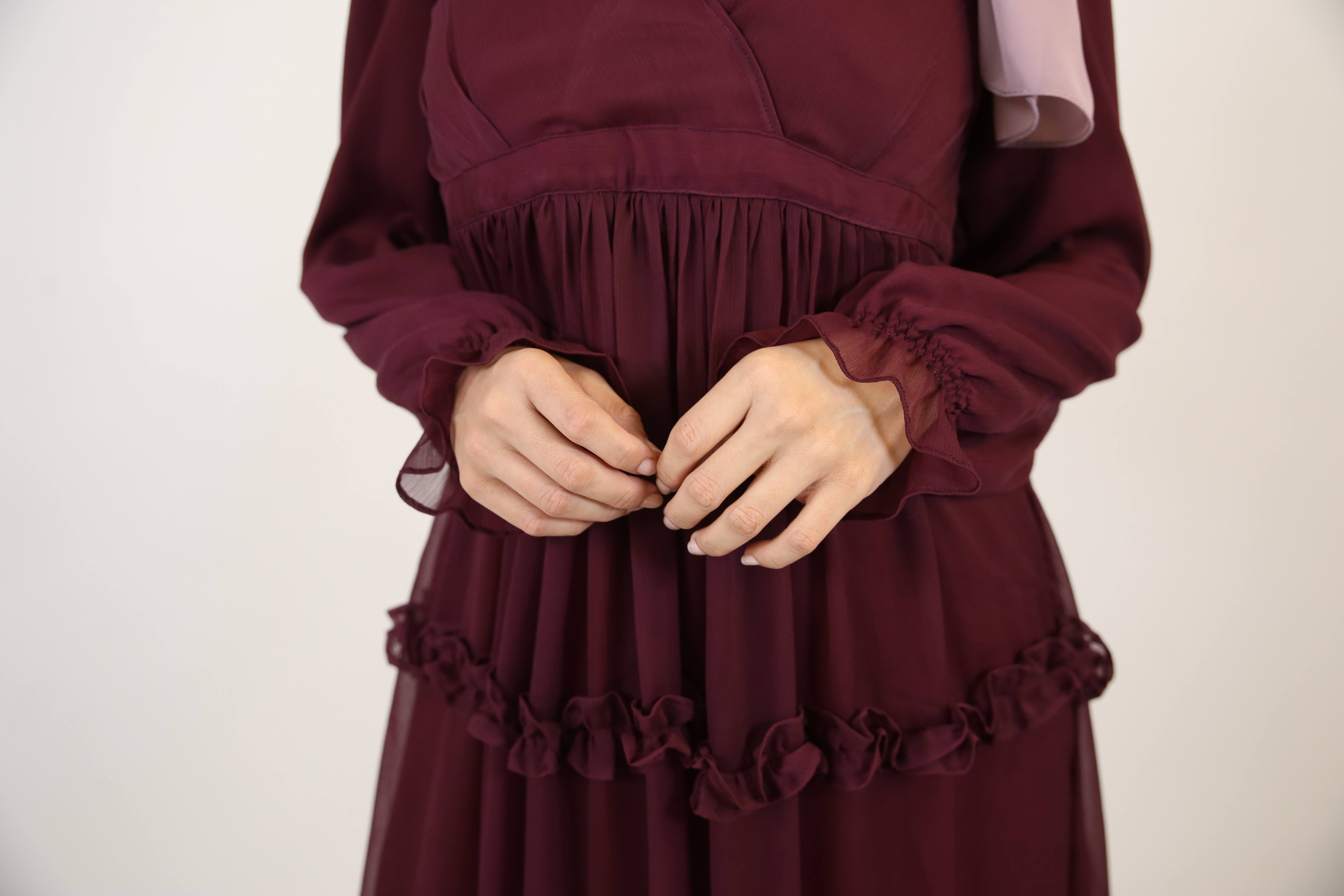 Bustan- Enchanting Chiffon fully lined maxi dress with layered ruffles and puffed sleeves- Plum Red