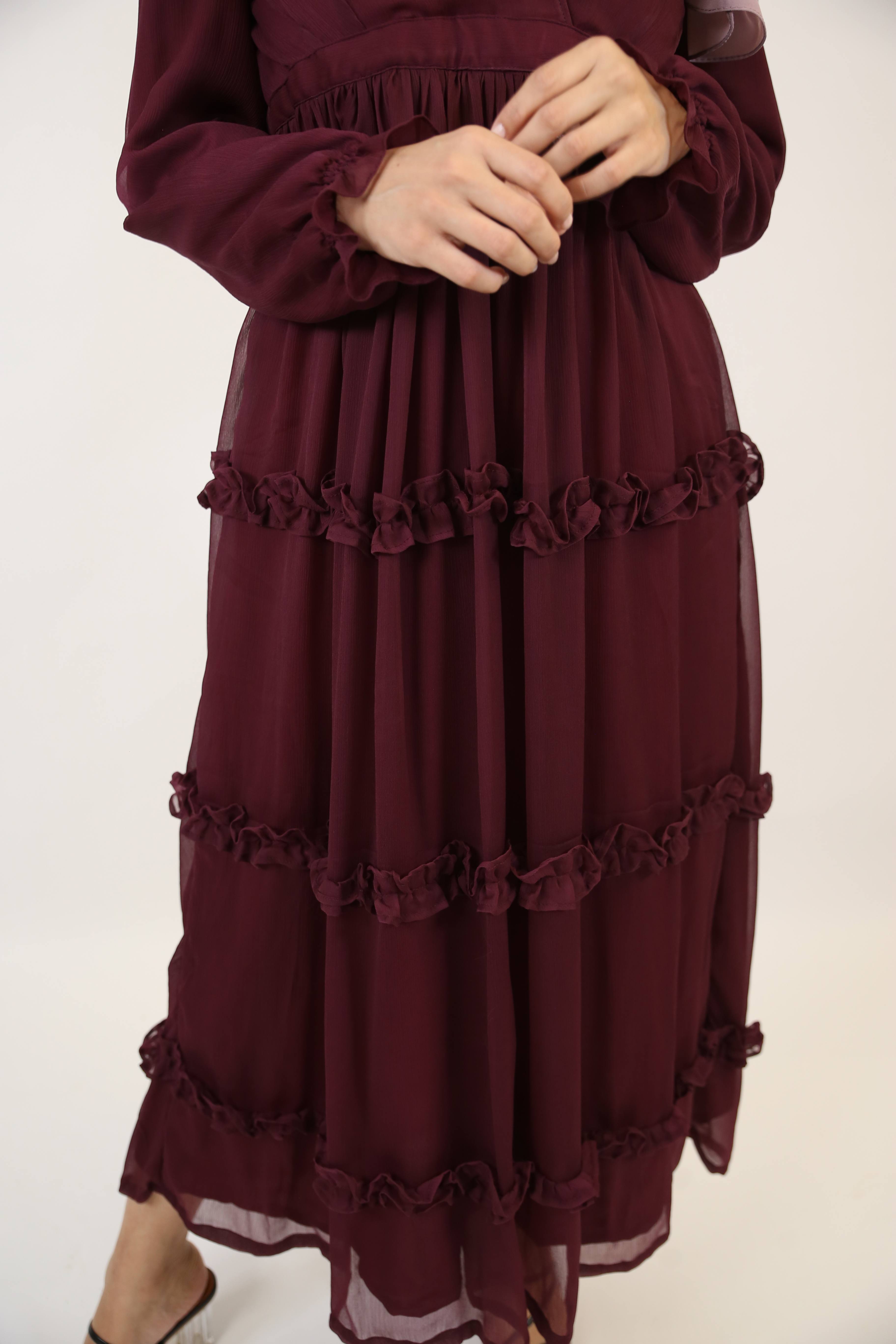 Bustan- Enchanting Chiffon fully lined maxi dress with layered ruffles and puffed sleeves- Plum Red