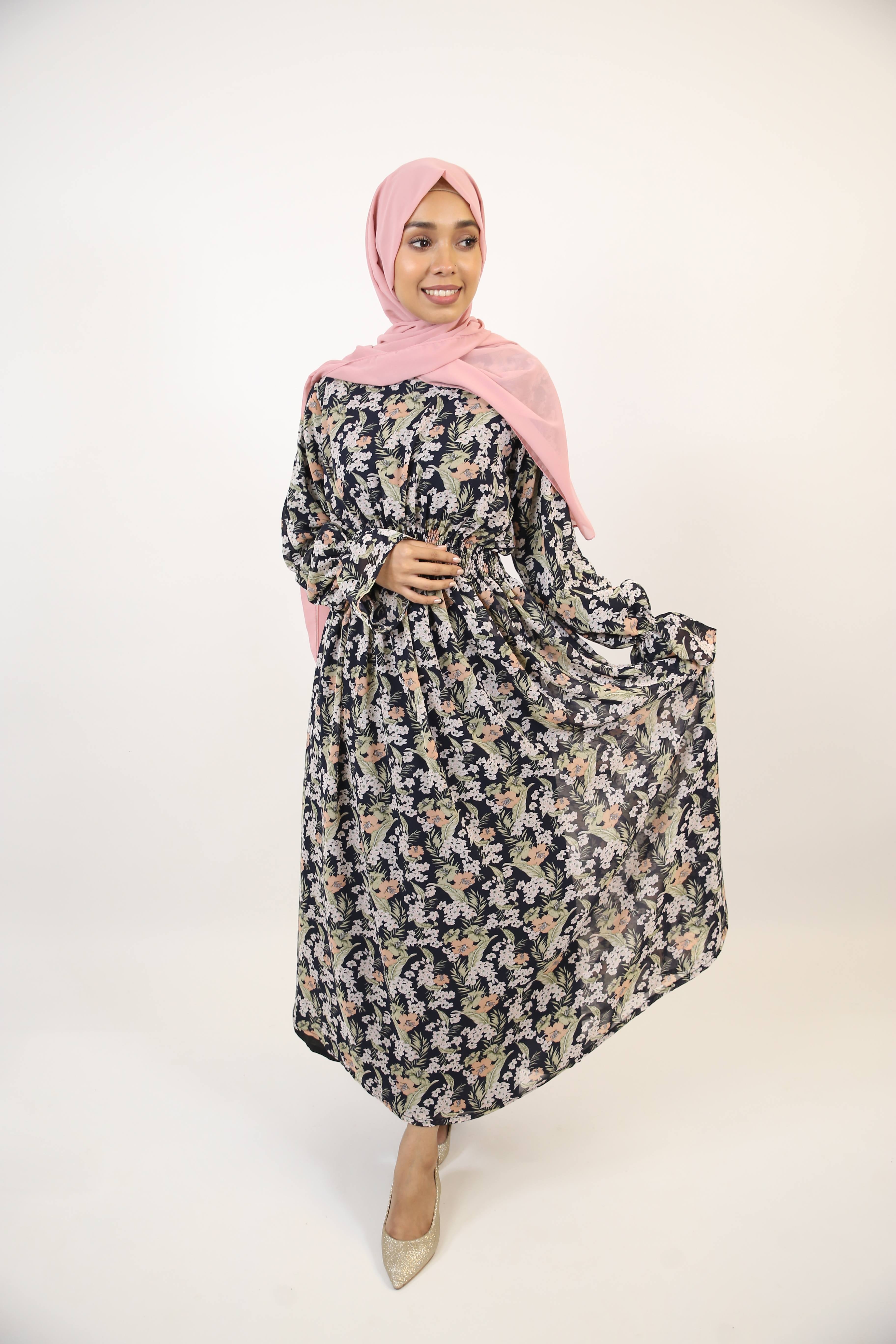 Hadiqah- Stunning Chiffon lined printed maxi dress with pleated waist and ruffled sleeves