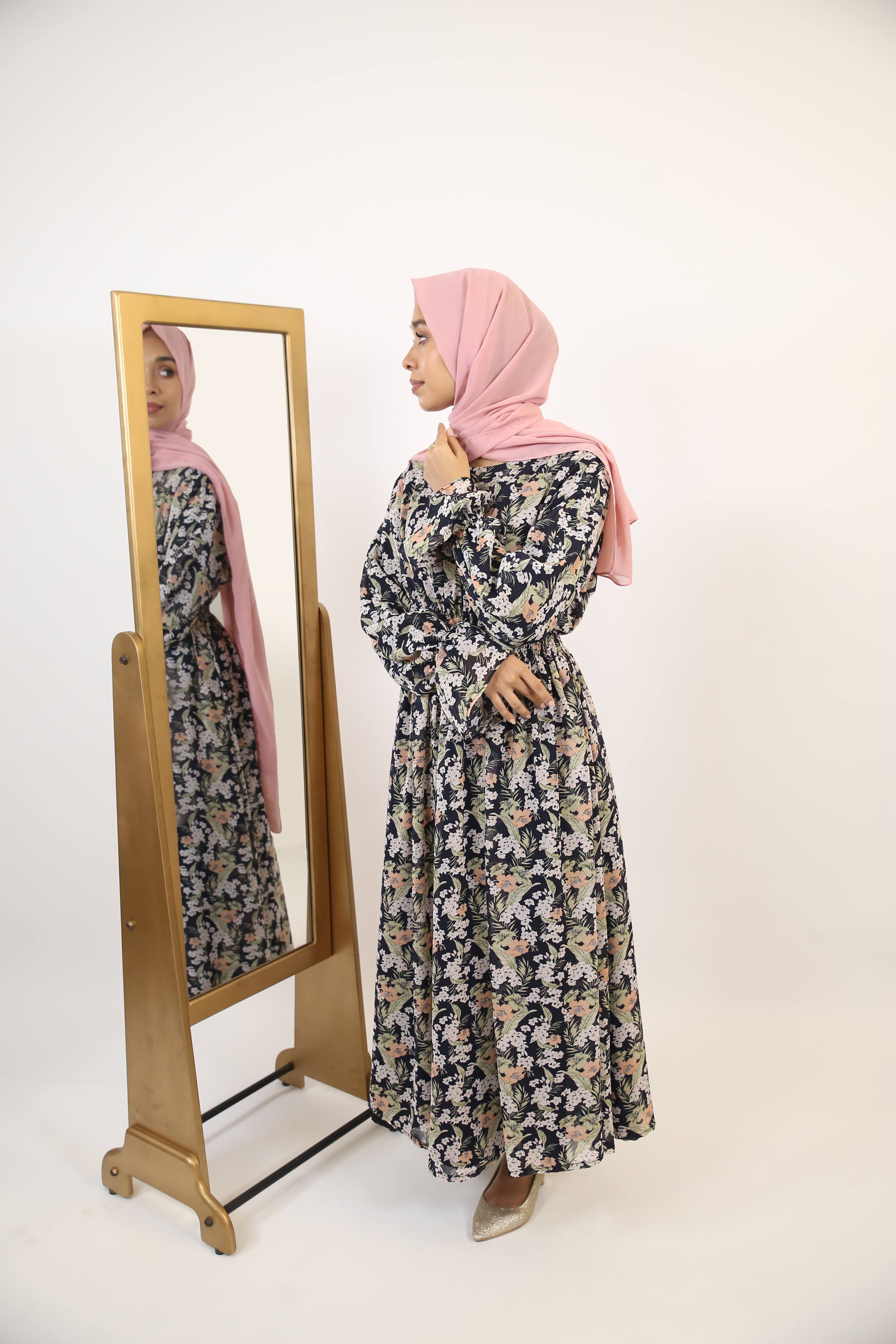 Hadiqah- Stunning Chiffon lined printed maxi dress with pleated waist and ruffled sleeves