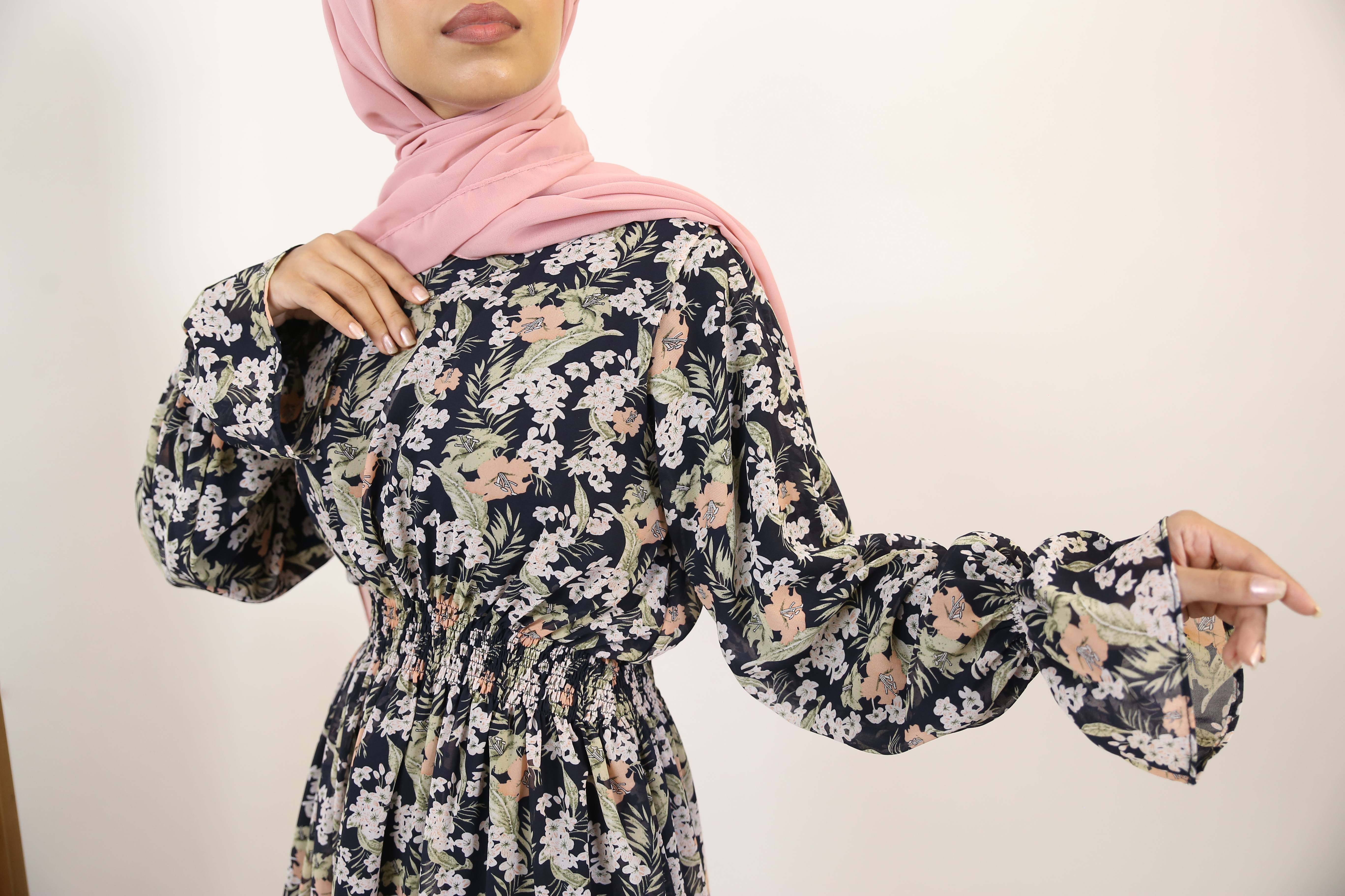 Hadiqah- Stunning Chiffon lined printed maxi dress with pleated waist and ruffled sleeves