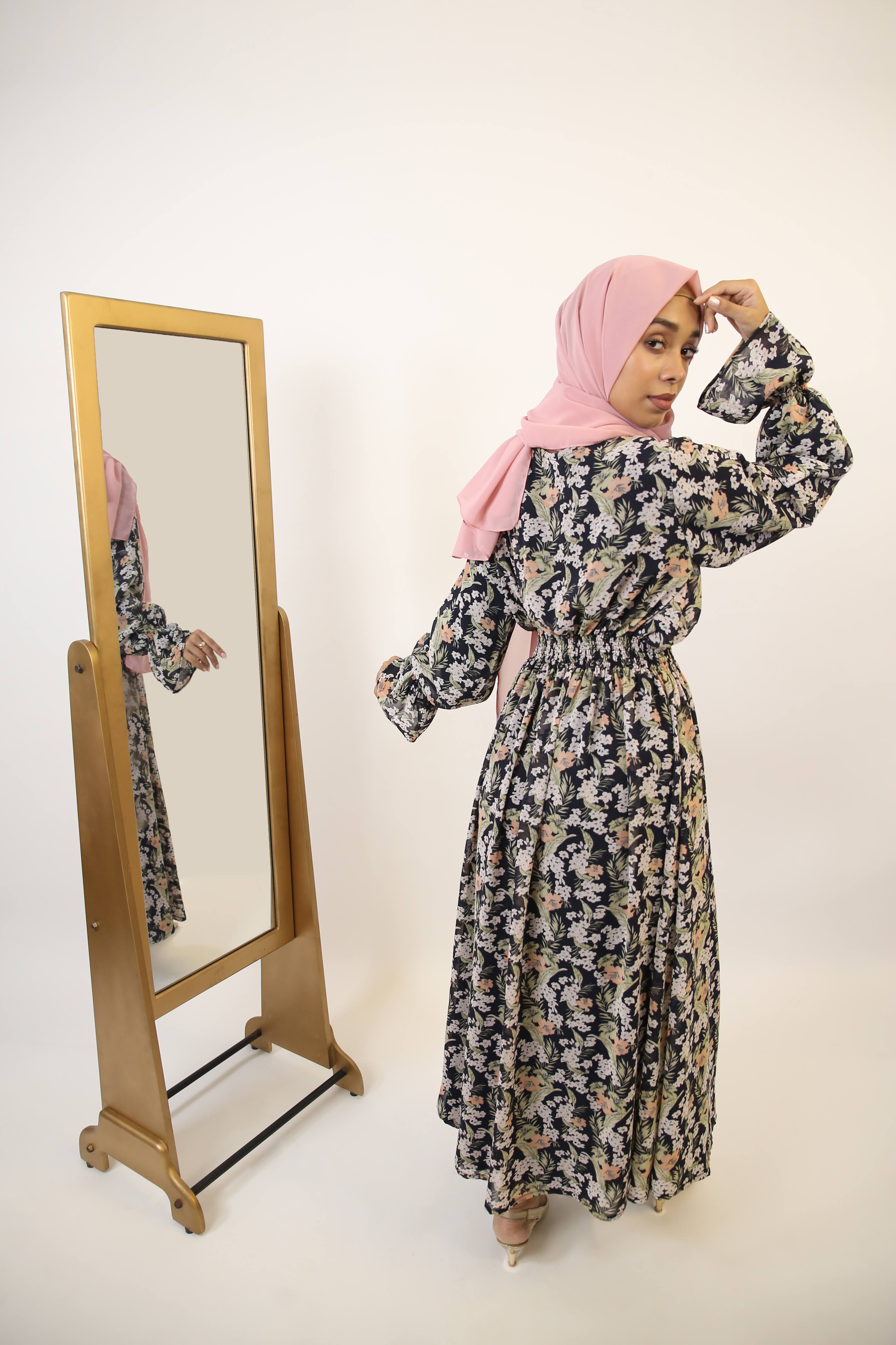 Hadiqah- Stunning Chiffon lined printed maxi dress with pleated waist and ruffled sleeves