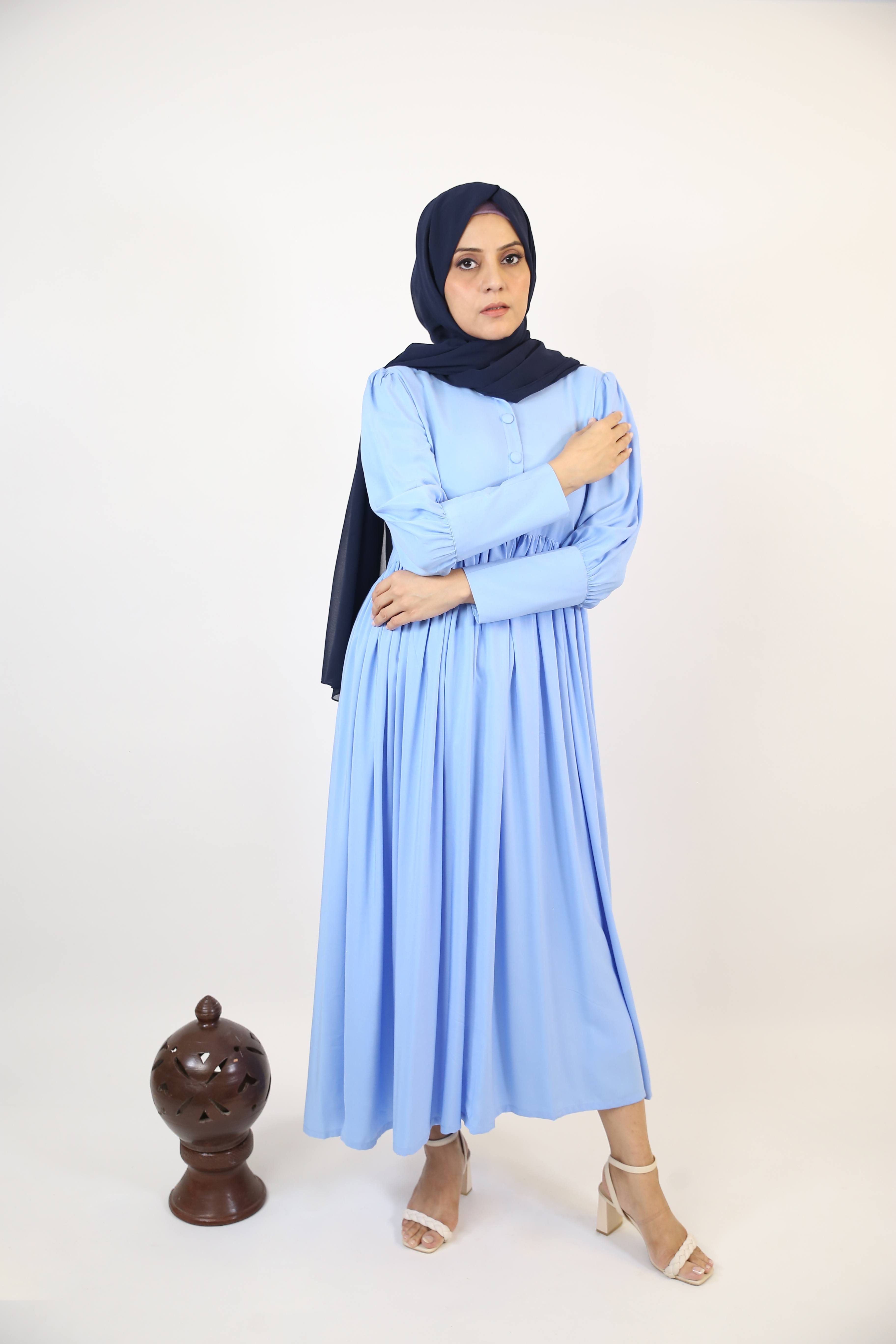 Shaati- Mystical Linen maxi dress with ruffles detailing and snug fitting sleeves- Baby blue