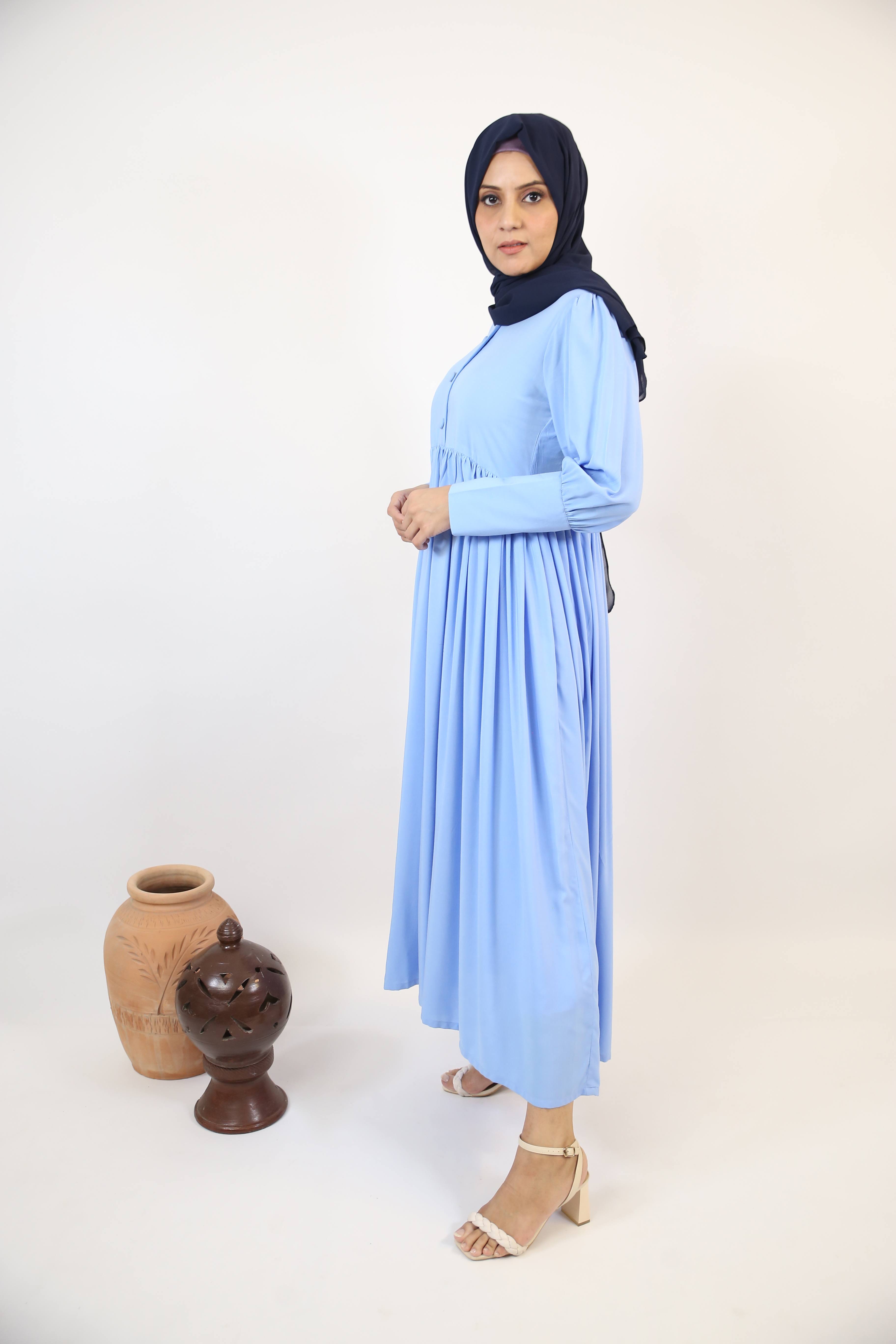 Shaati- Mystical Linen maxi dress with ruffles detailing and snug fitting sleeves- Baby blue