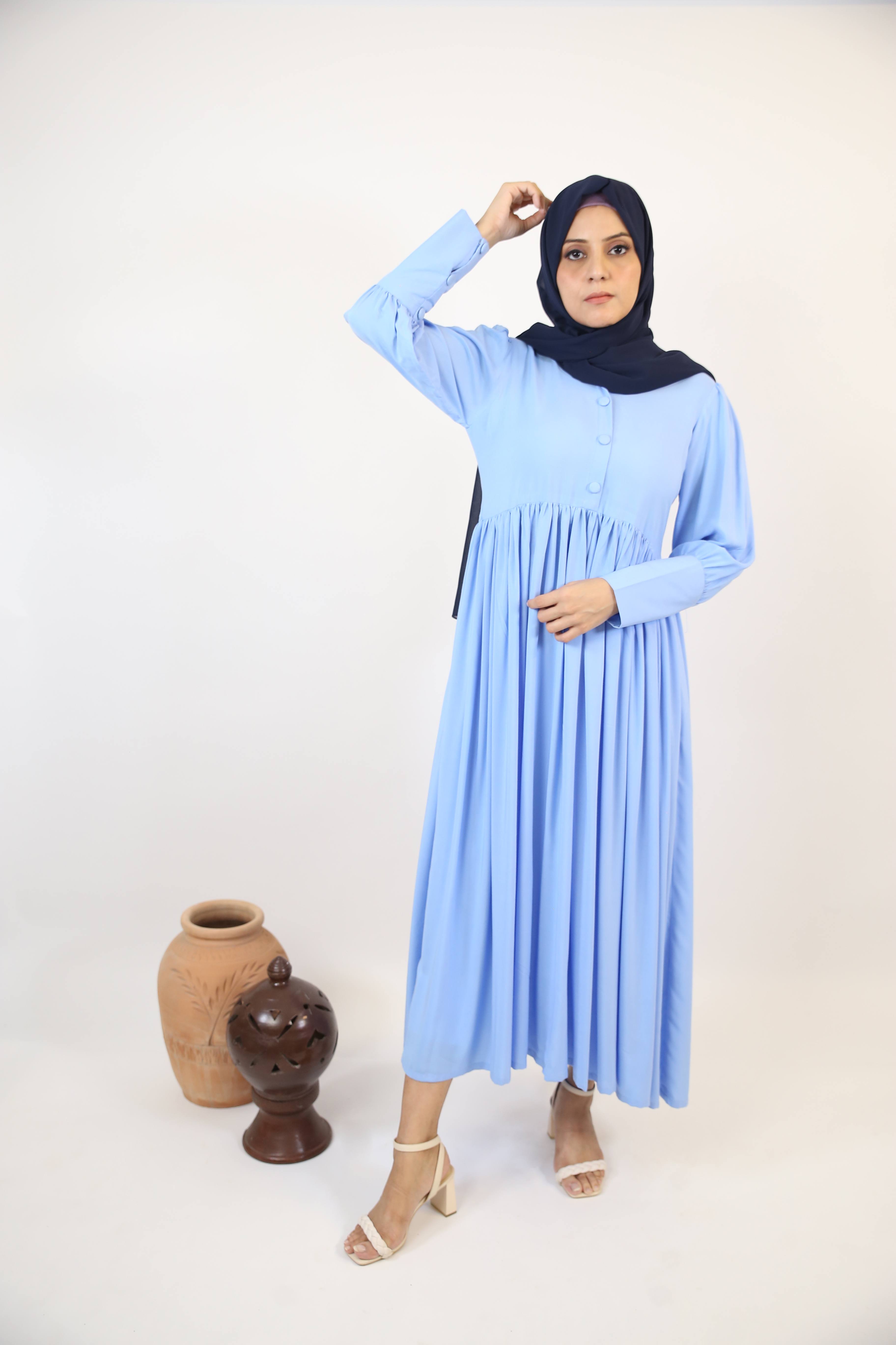 Shaati- Mystical Linen maxi dress with ruffles detailing and snug fitting sleeves- Baby blue