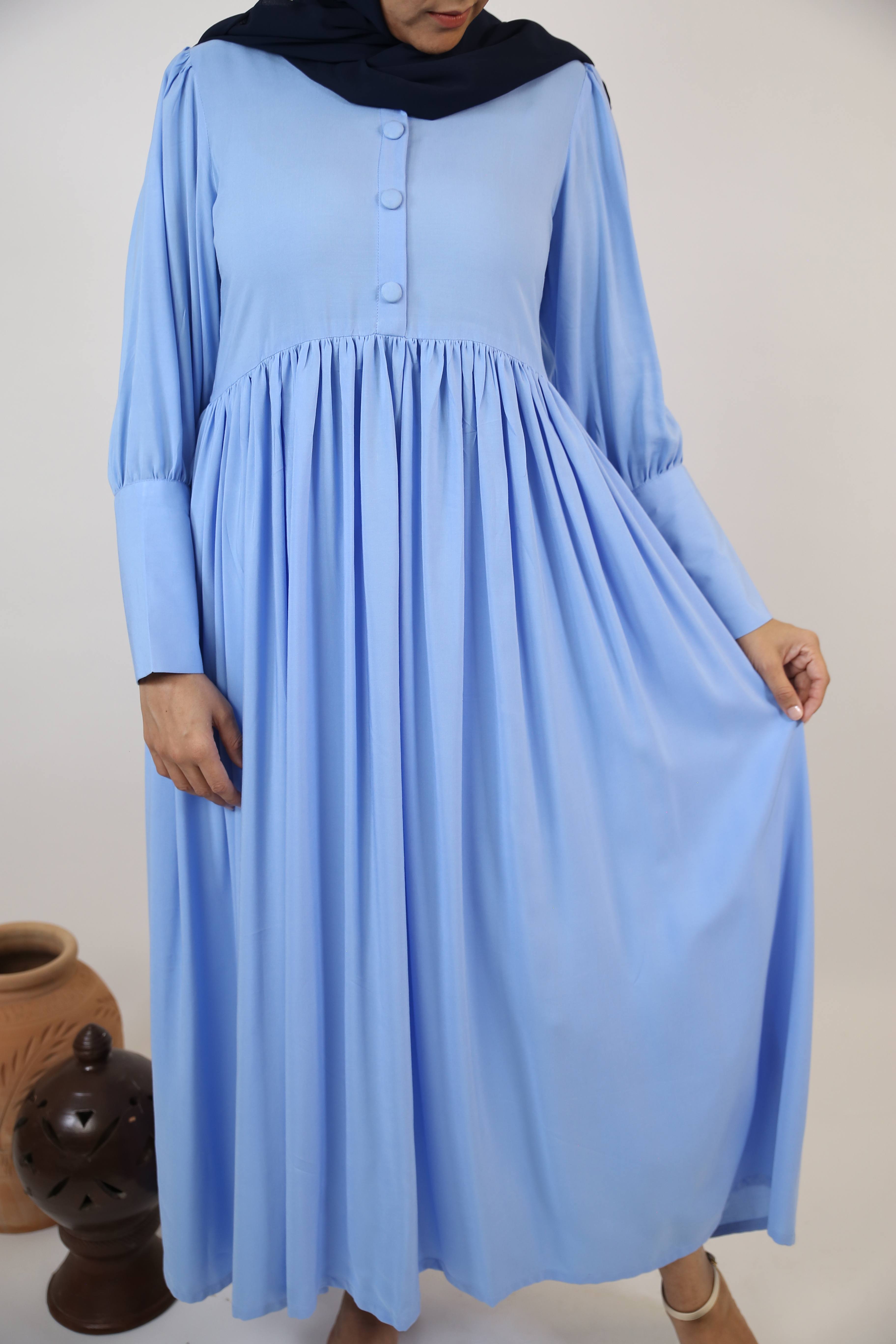 Shaati- Mystical Linen maxi dress with ruffles detailing and snug fitting sleeves- Baby blue