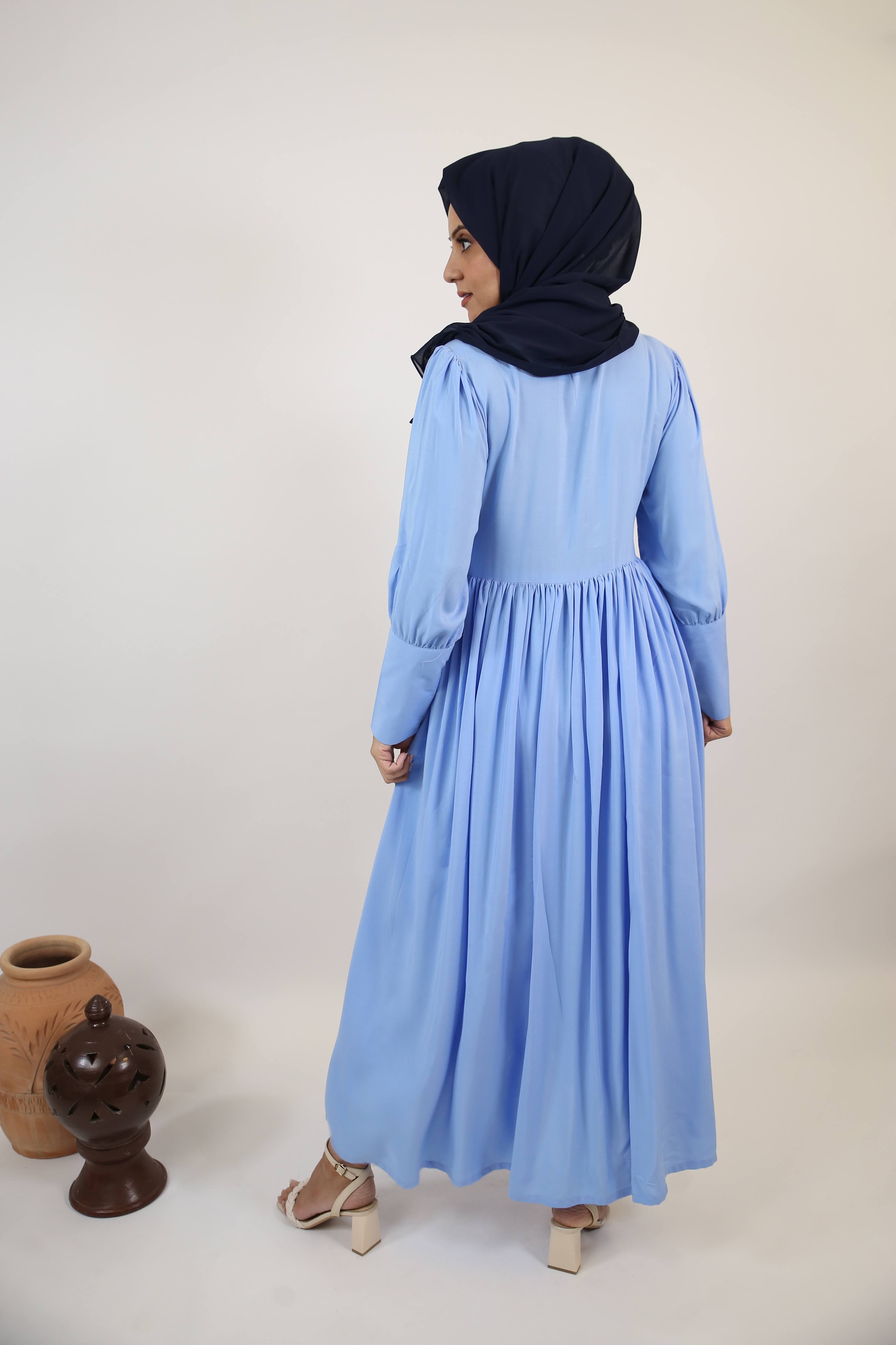 Shaati- Mystical Linen maxi dress with ruffles detailing and snug fitting sleeves- Baby blue