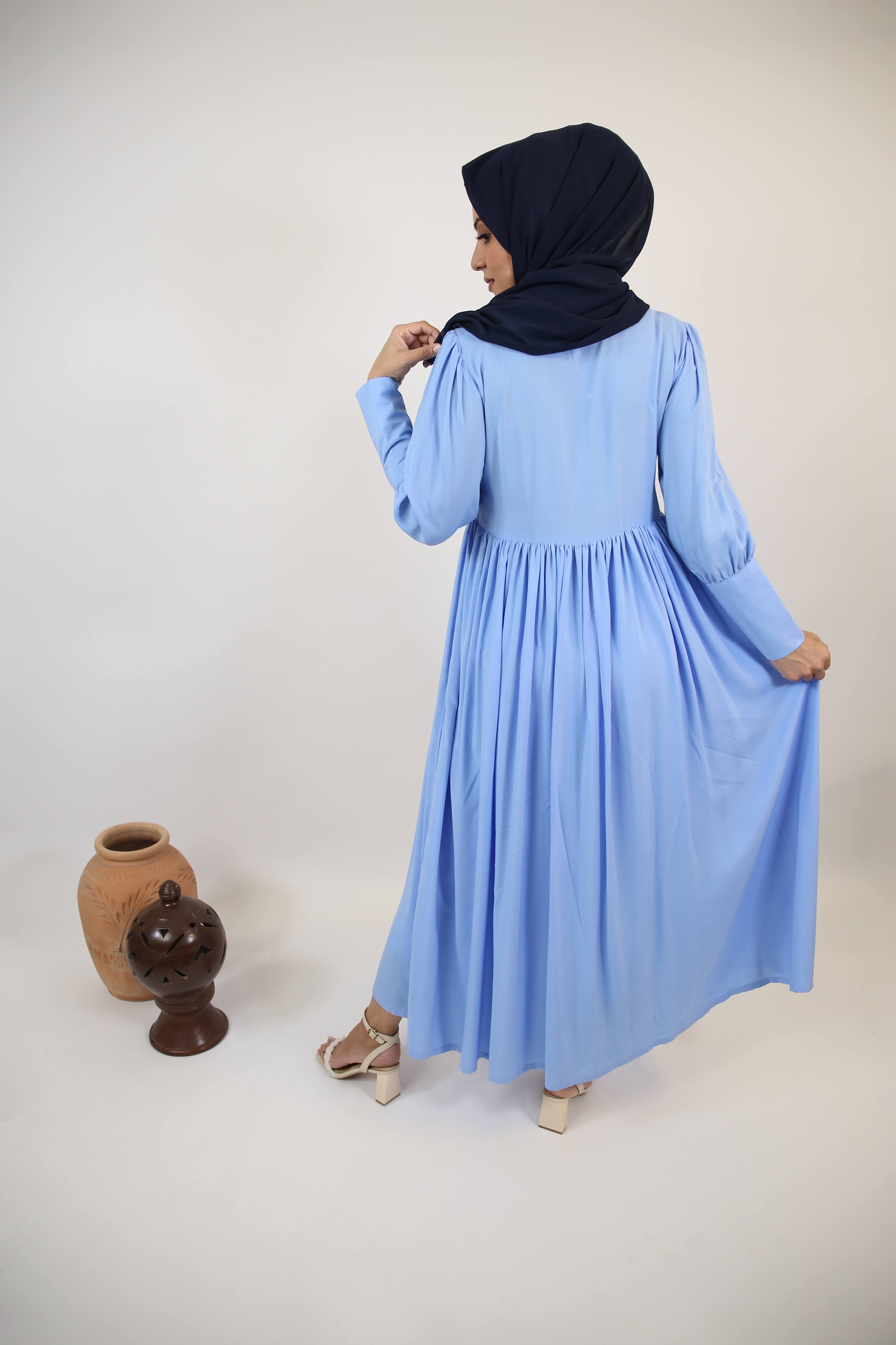 Shaati- Mystical Linen maxi dress with ruffles detailing and snug fitting sleeves- Baby blue