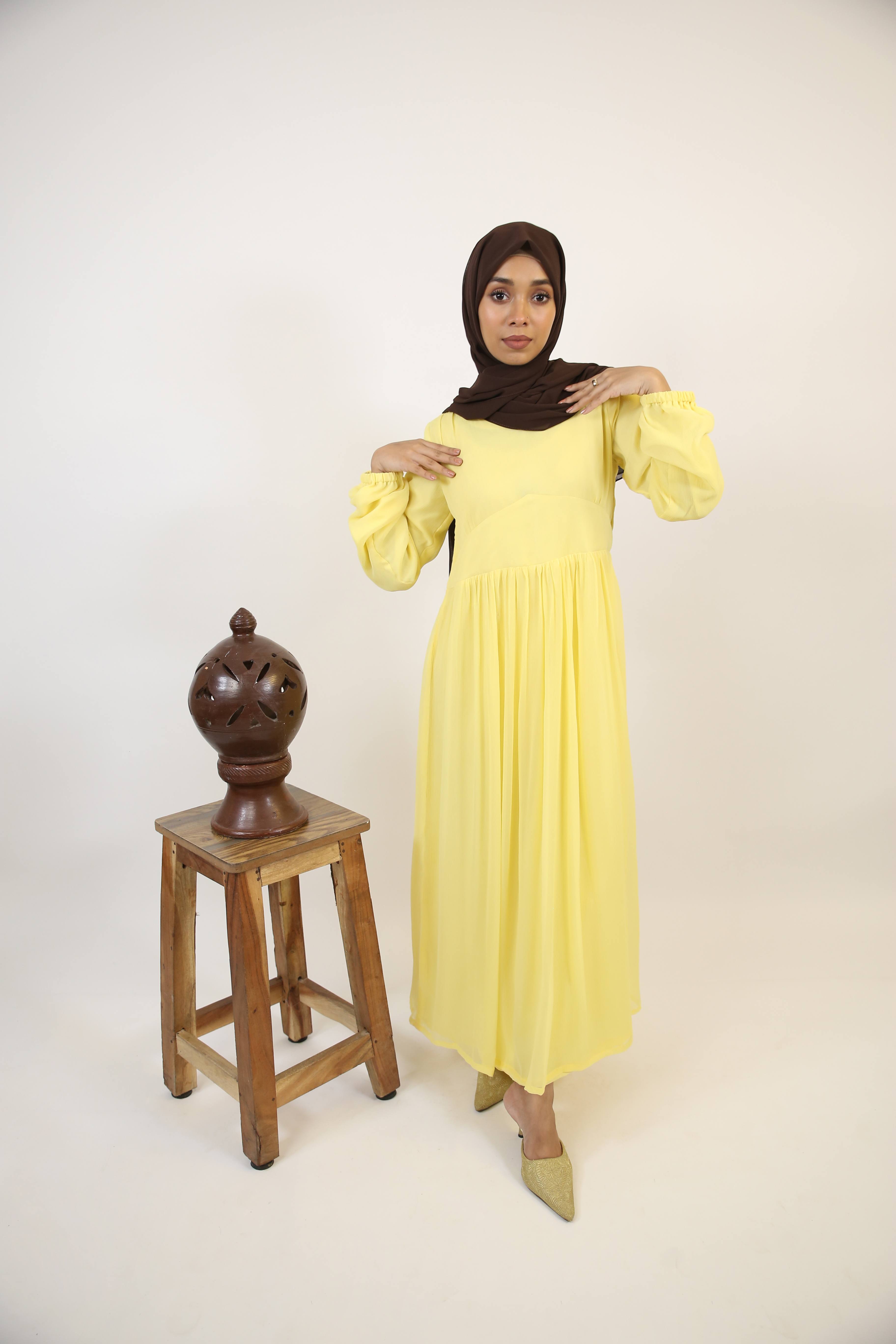 Sitreen- Mesmerizing Chiffon fully lined maxi dress with frill detailing- Lemon yellow