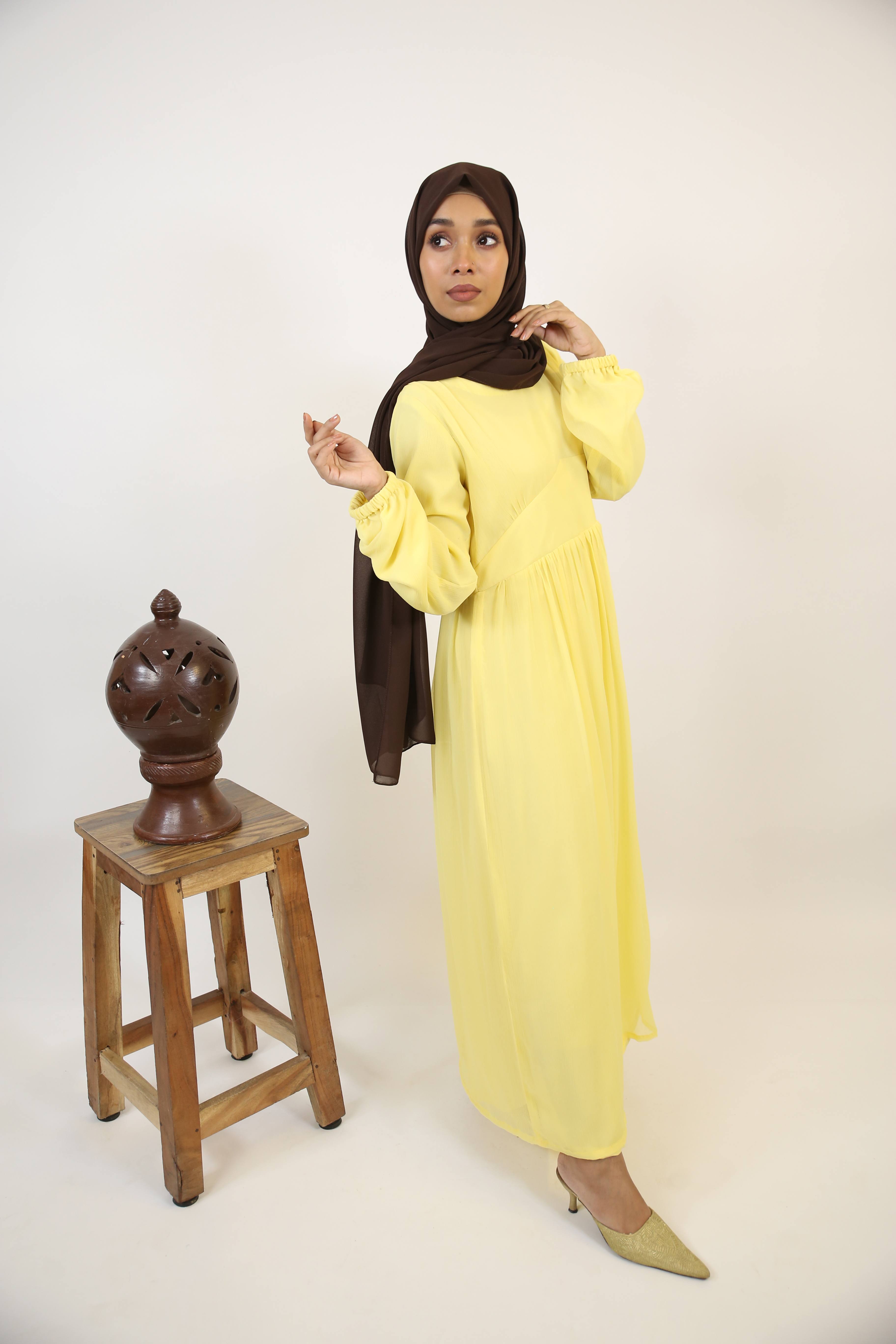 Sitreen- Mesmerizing Chiffon fully lined maxi dress with frill detailing- Lemon yellow