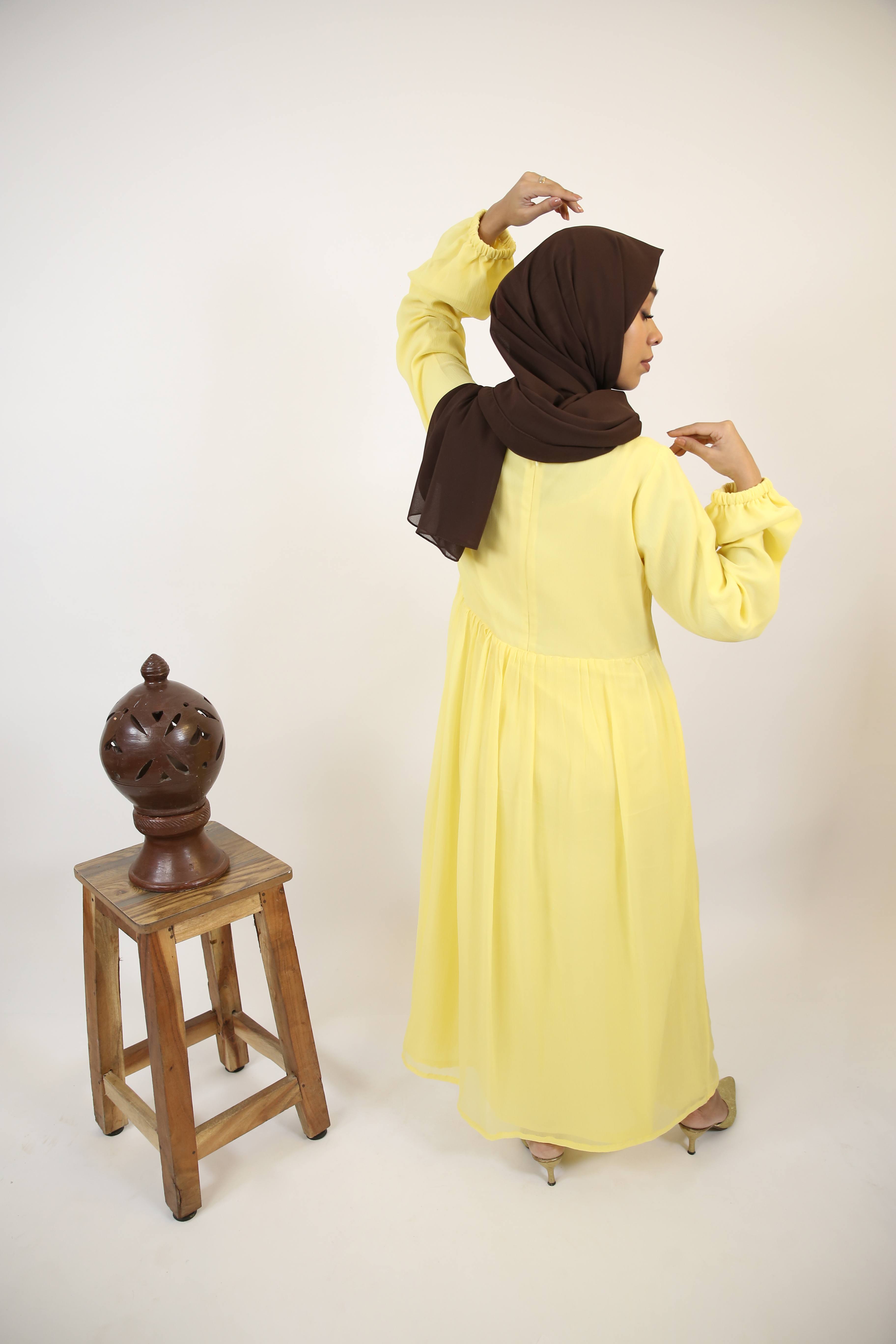 Sitreen- Mesmerizing Chiffon fully lined maxi dress with frill detailing- Lemon yellow