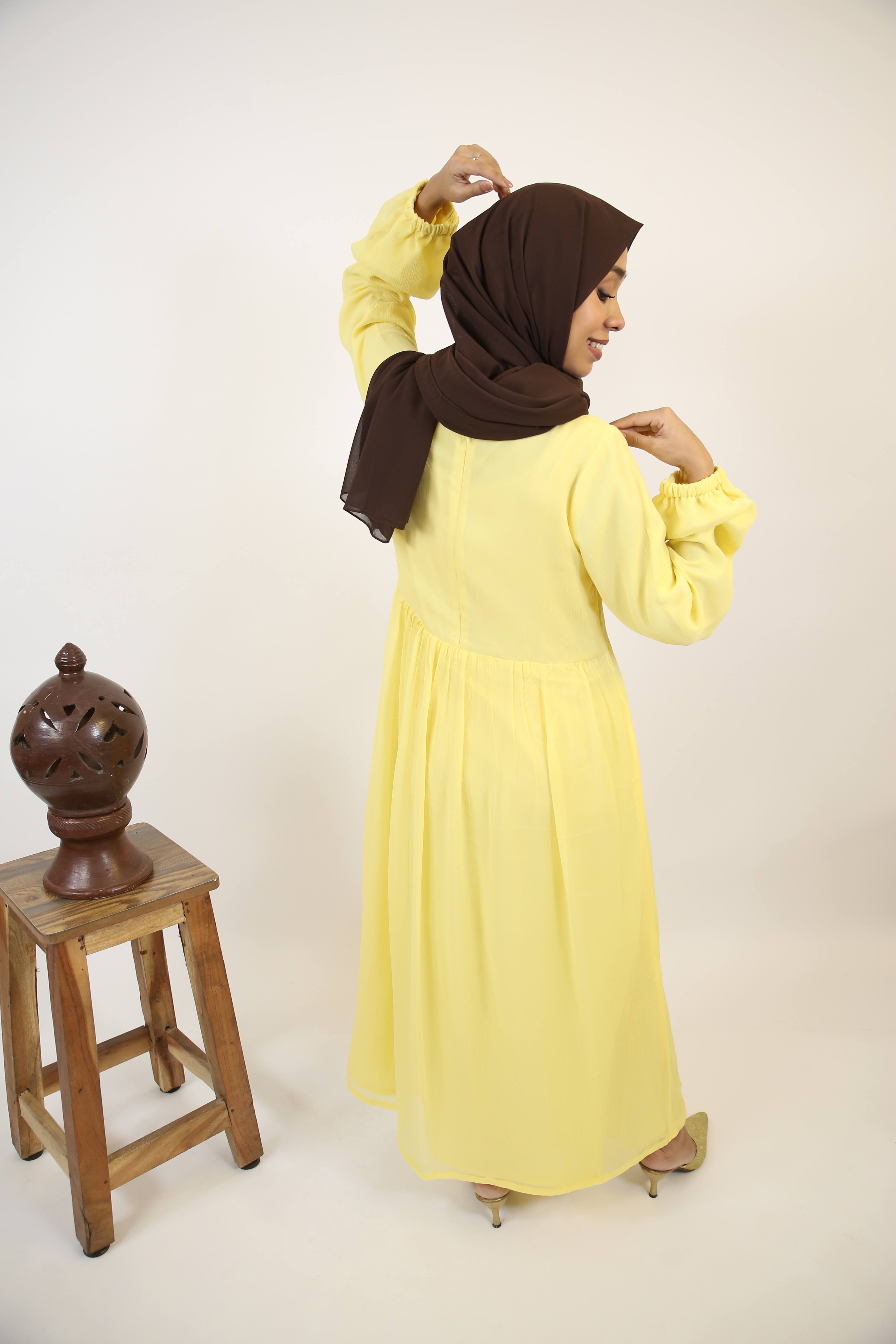 Sitreen- Mesmerizing Chiffon fully lined maxi dress with frill detailing- Lemon yellow