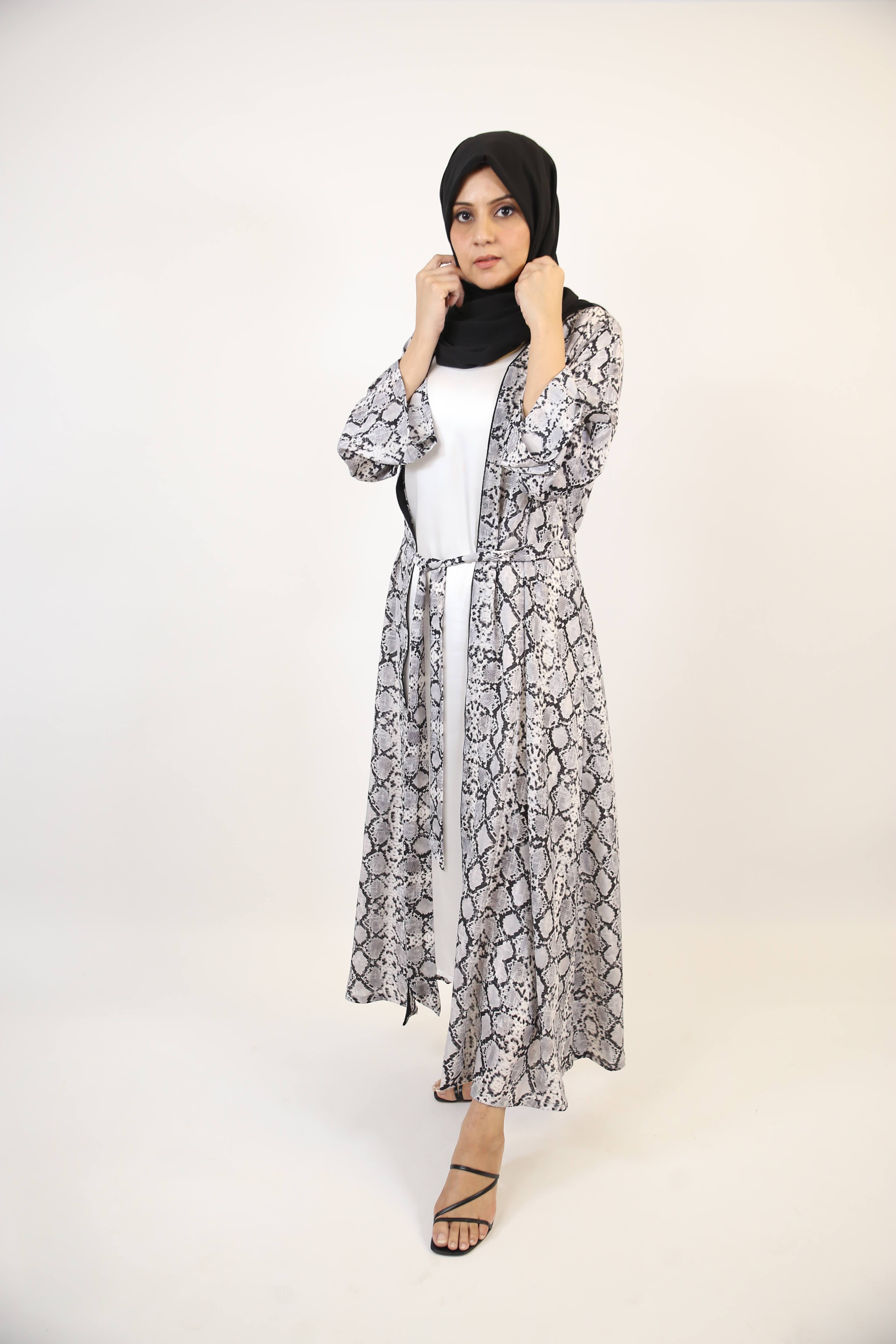 Saher- Enchanting throw over abaya set with belt and white inner slip dress- Python print