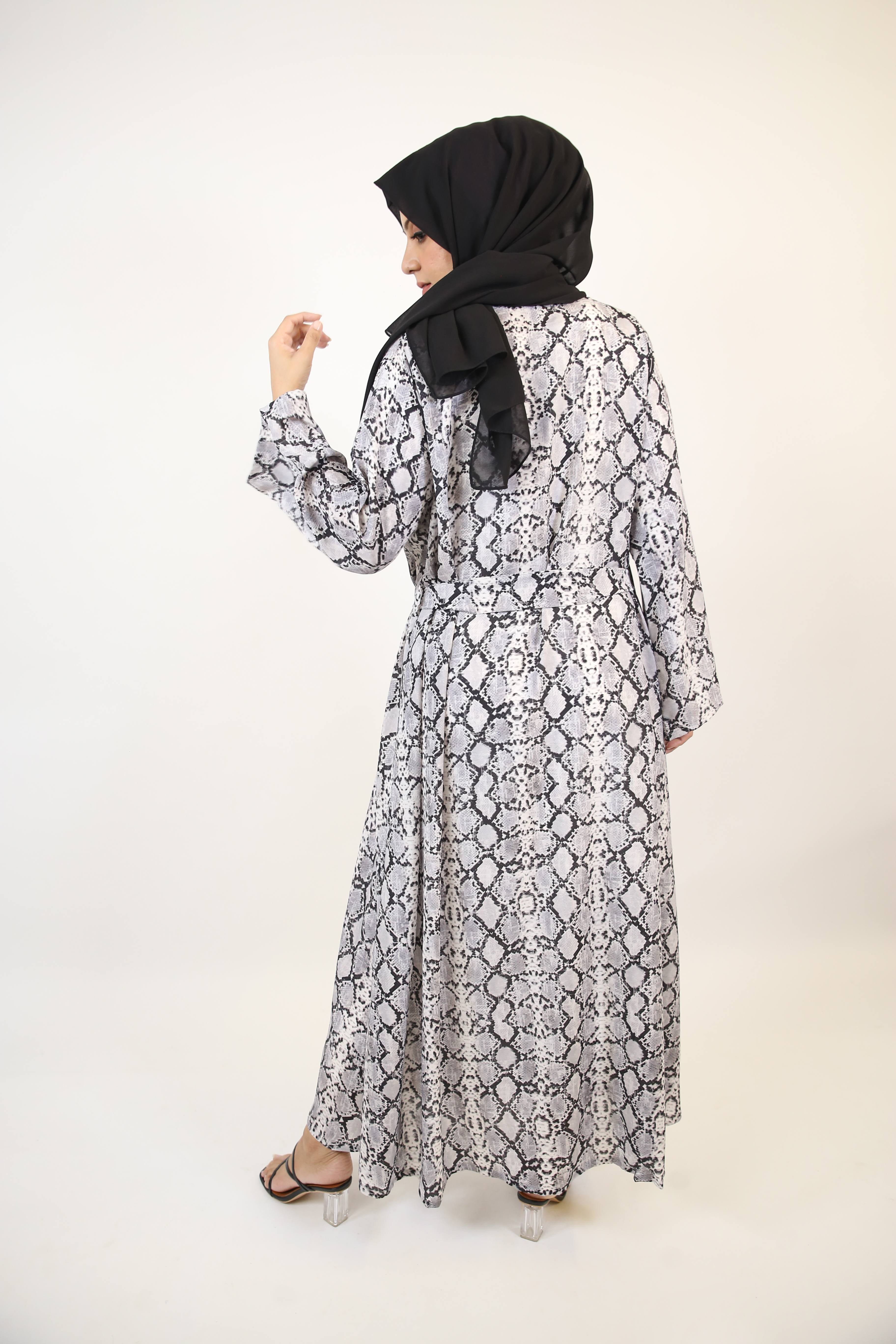 Saher- Enchanting throw over abaya set with belt and white inner slip dress- Python print