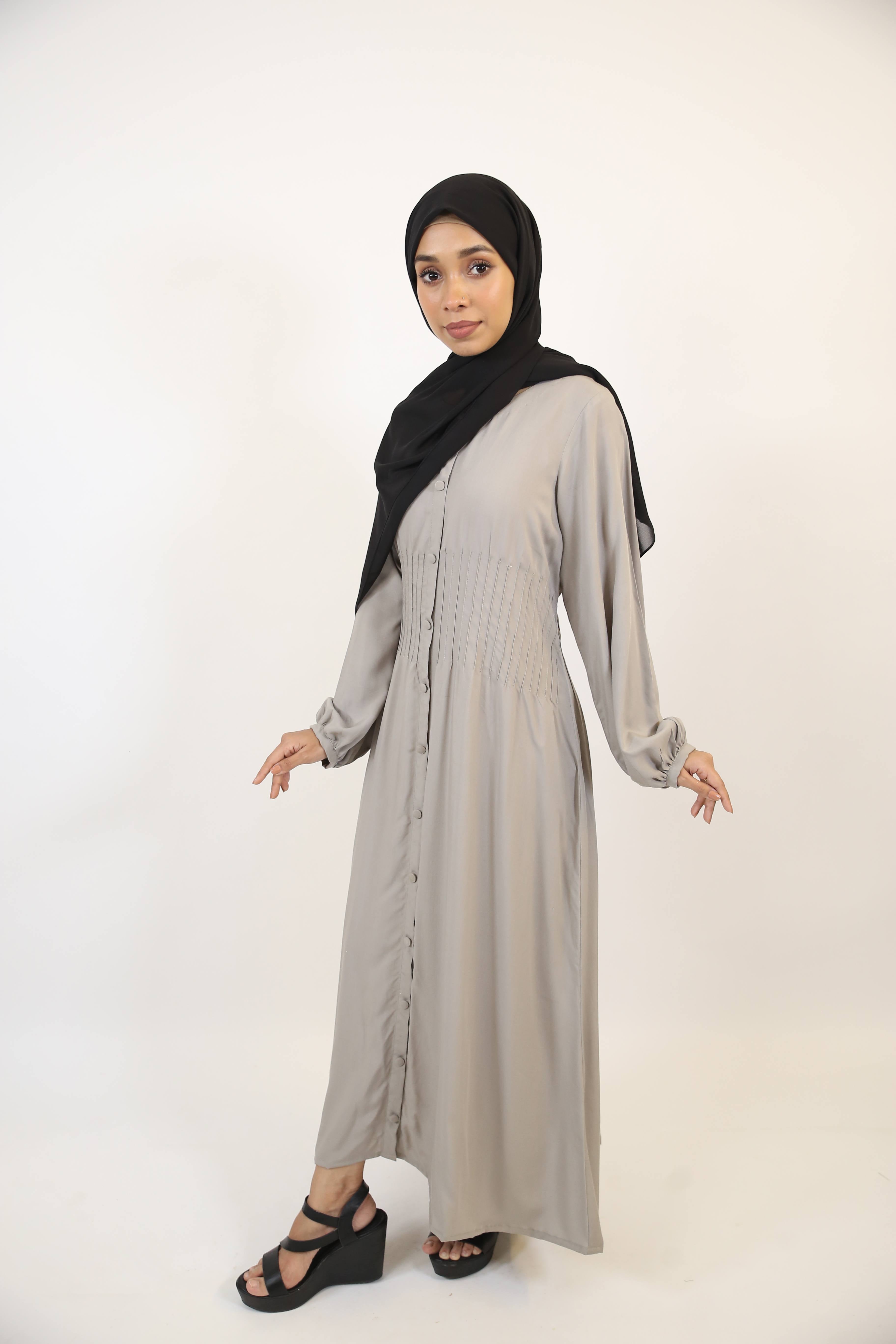 Hamamah-  Minimal Linen Modest Maxi Dress with pleated waist- Smoke Gray