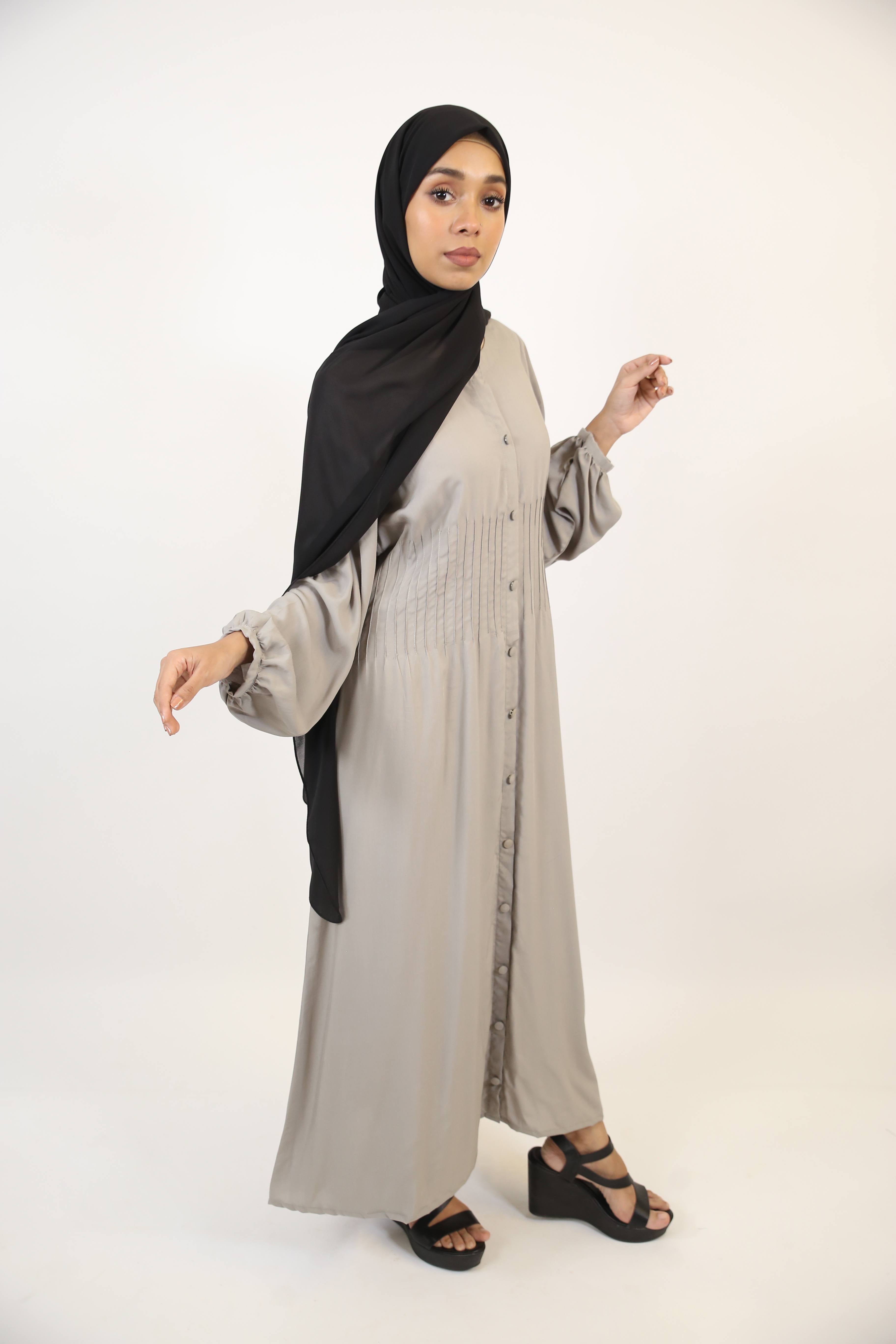 Hamamah-  Minimal Linen Modest Maxi Dress with pleated waist- Smoke Gray