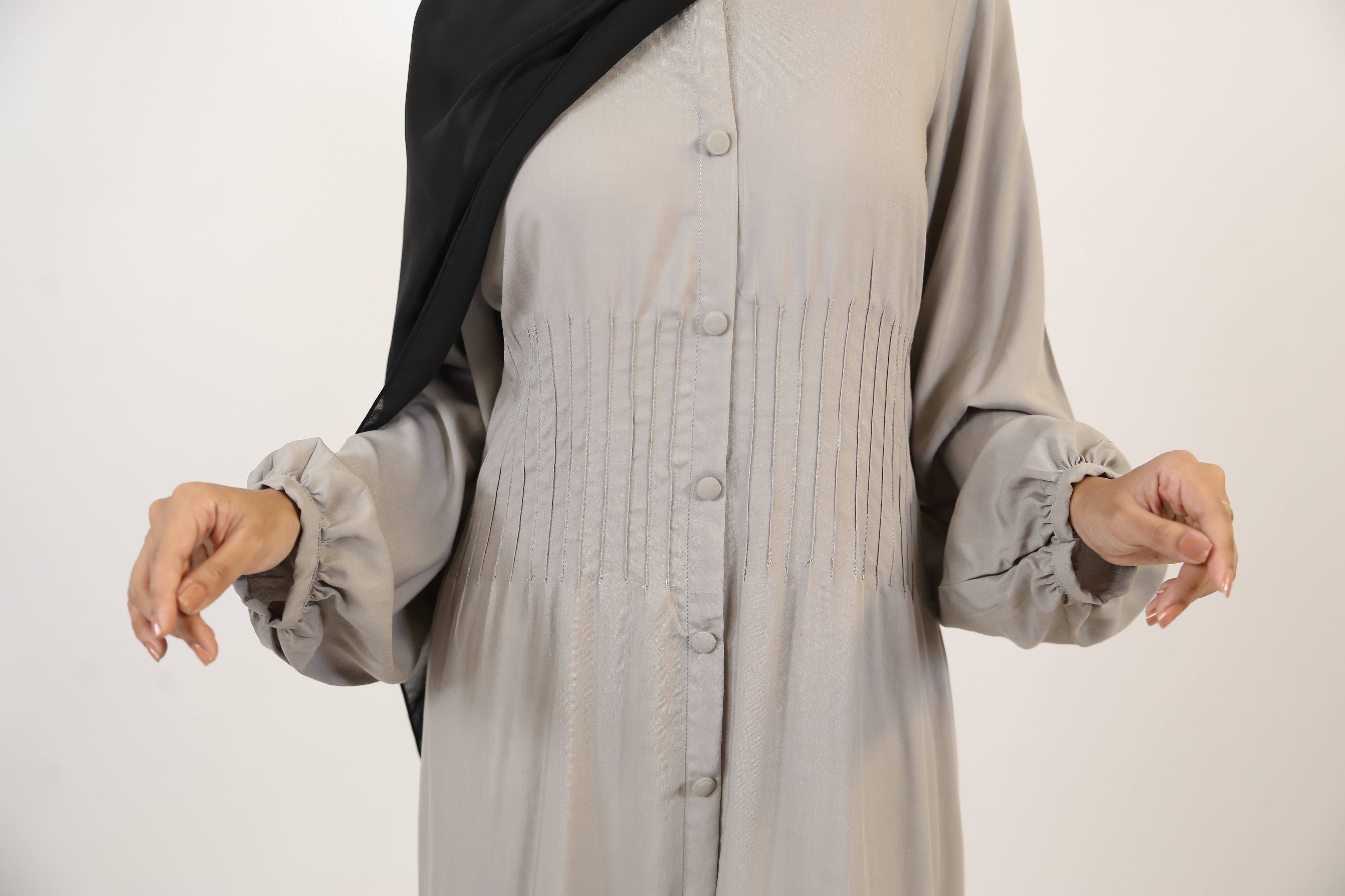 Hamamah-  Minimal Linen Modest Maxi Dress with pleated waist- Smoke Gray