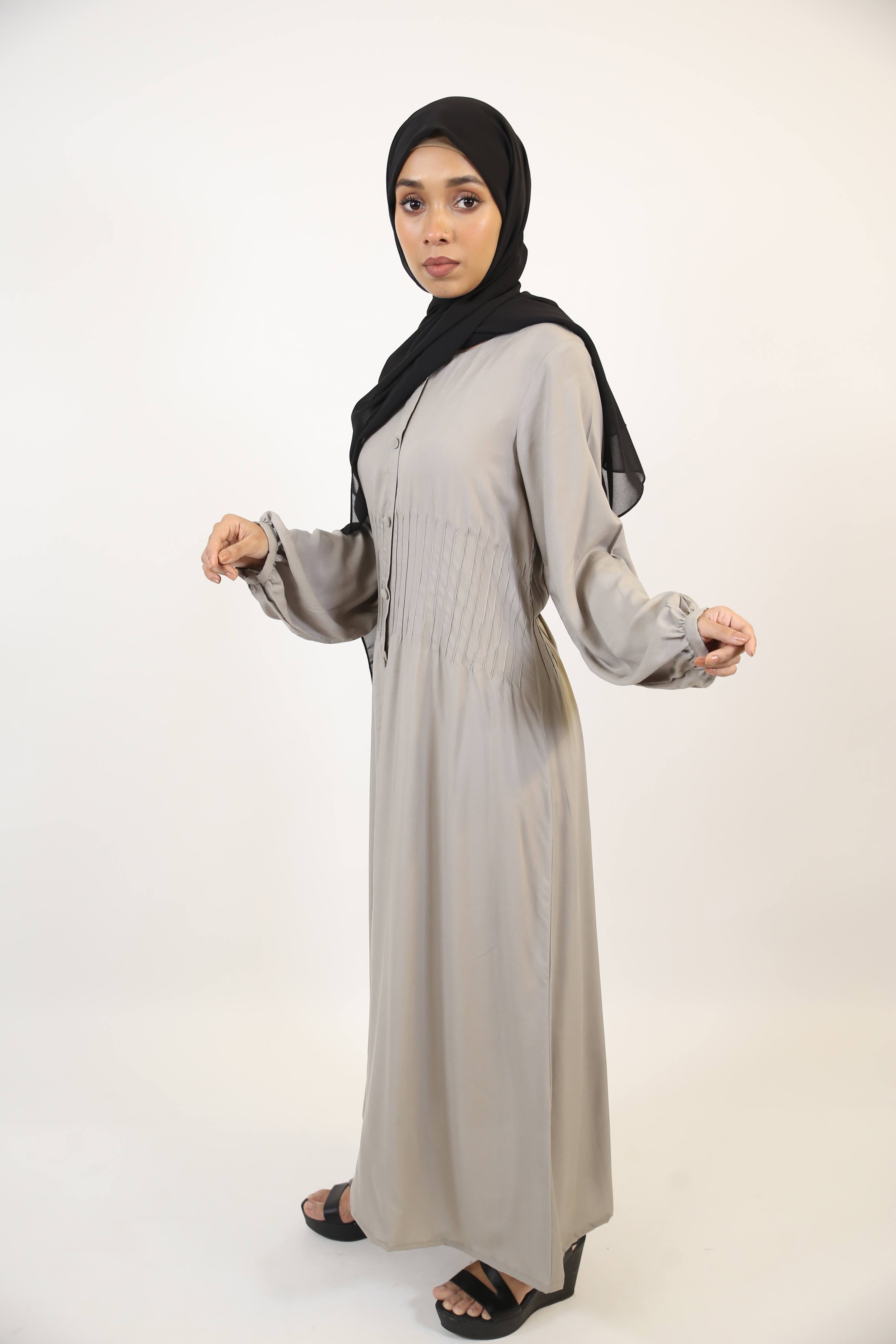 Hamamah-  Minimal Linen Modest Maxi Dress with pleated waist- Smoke Gray