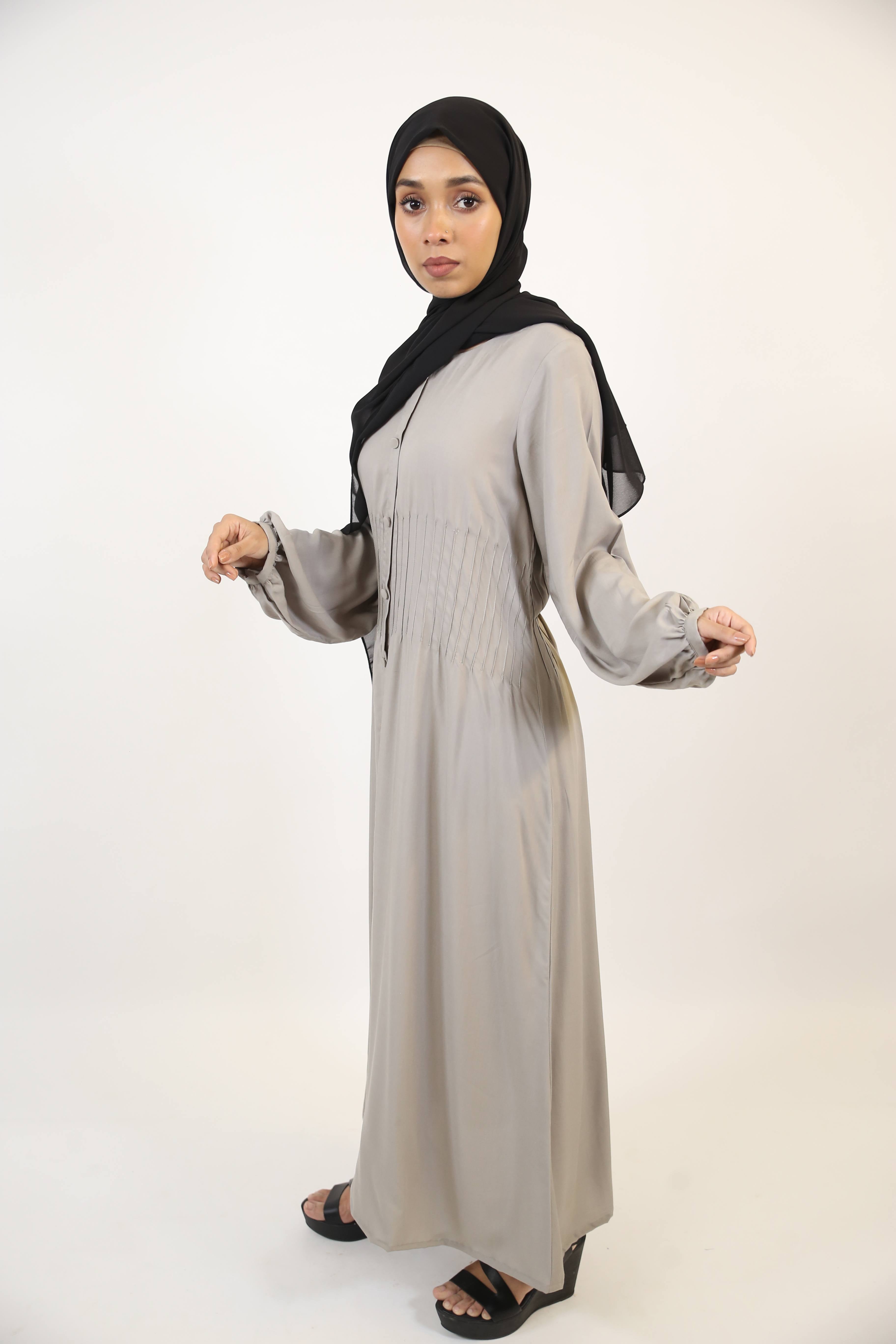 Hamamah- Minimal Linen Modest Maxi Dress with pleated waist- Smoke Gray