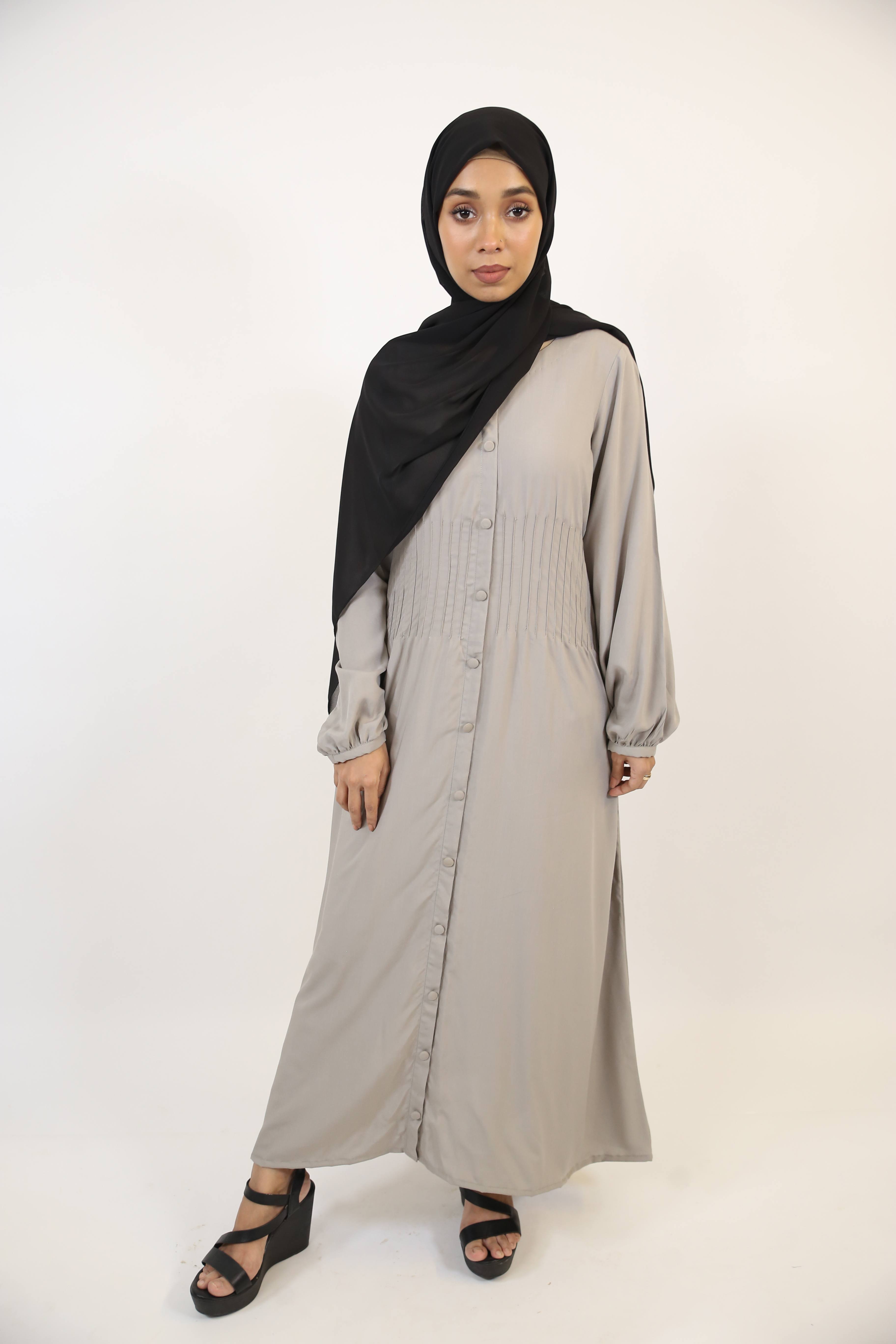 Hamamah- Minimal Linen Modest Maxi Dress with pleated waist- Smoke Gray