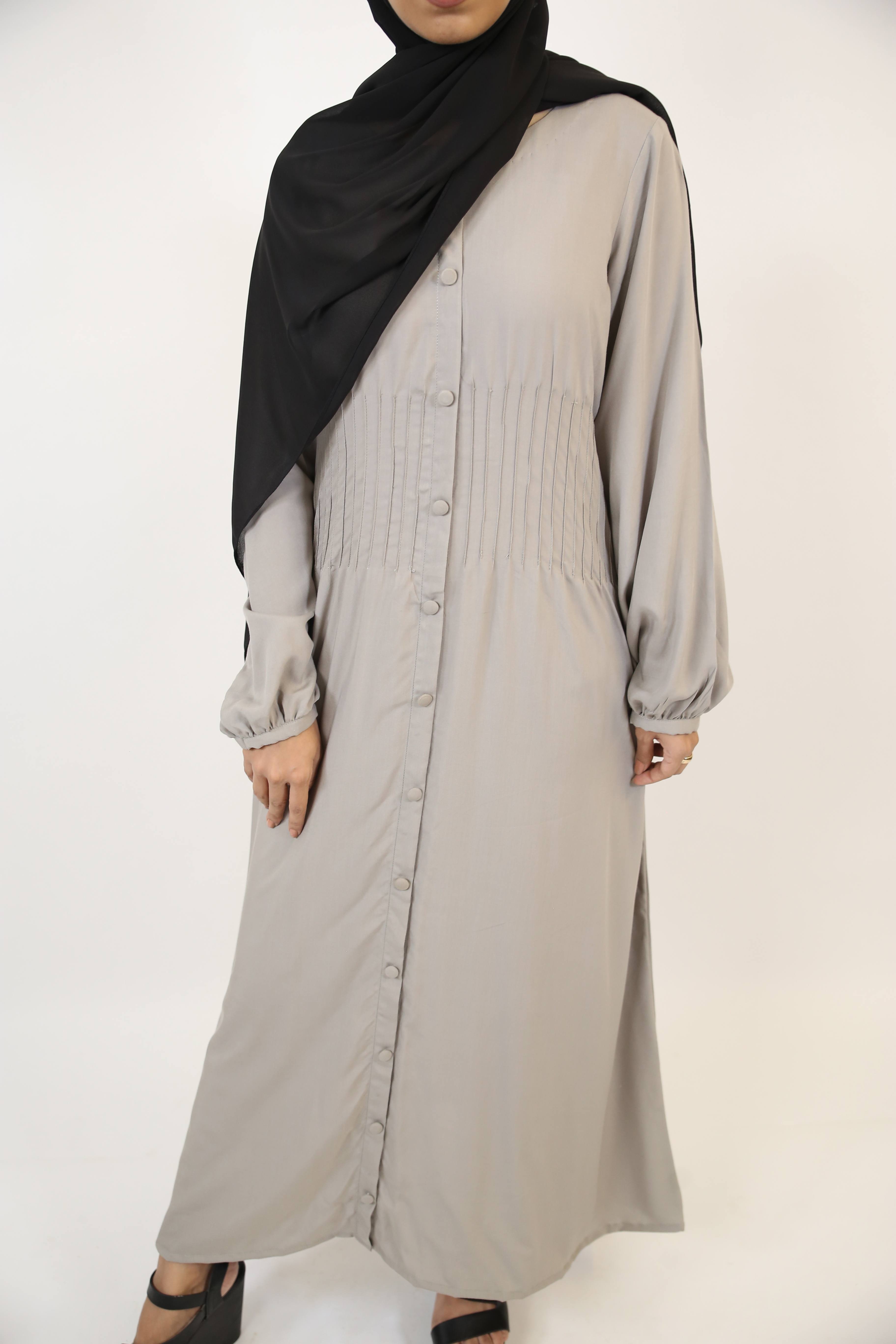 Hamamah-  Minimal Linen Modest Maxi Dress with pleated waist- Smoke Gray