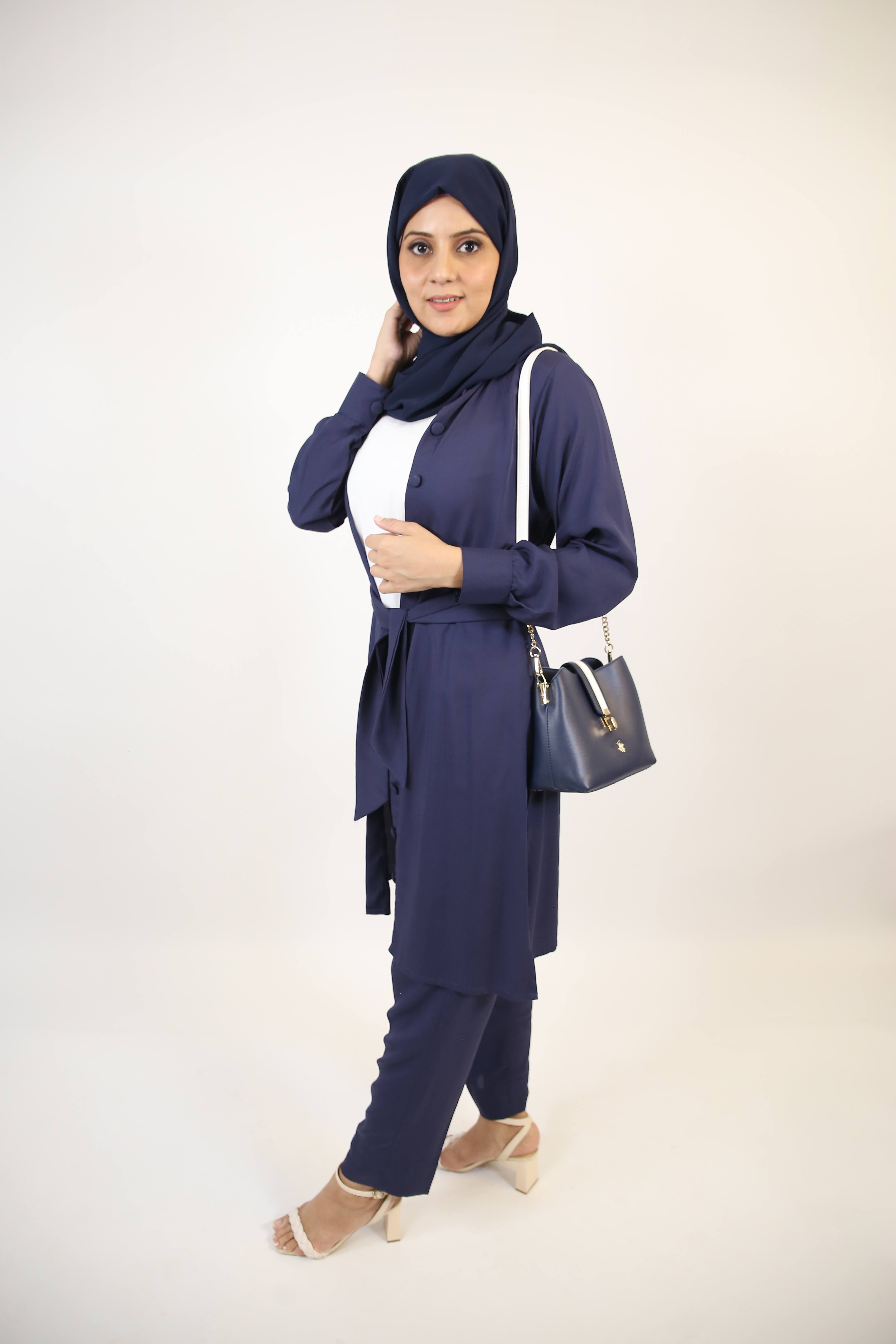 Sirri- Sublime modest two piece set with tunic and wide leg pants- Sapphire blue