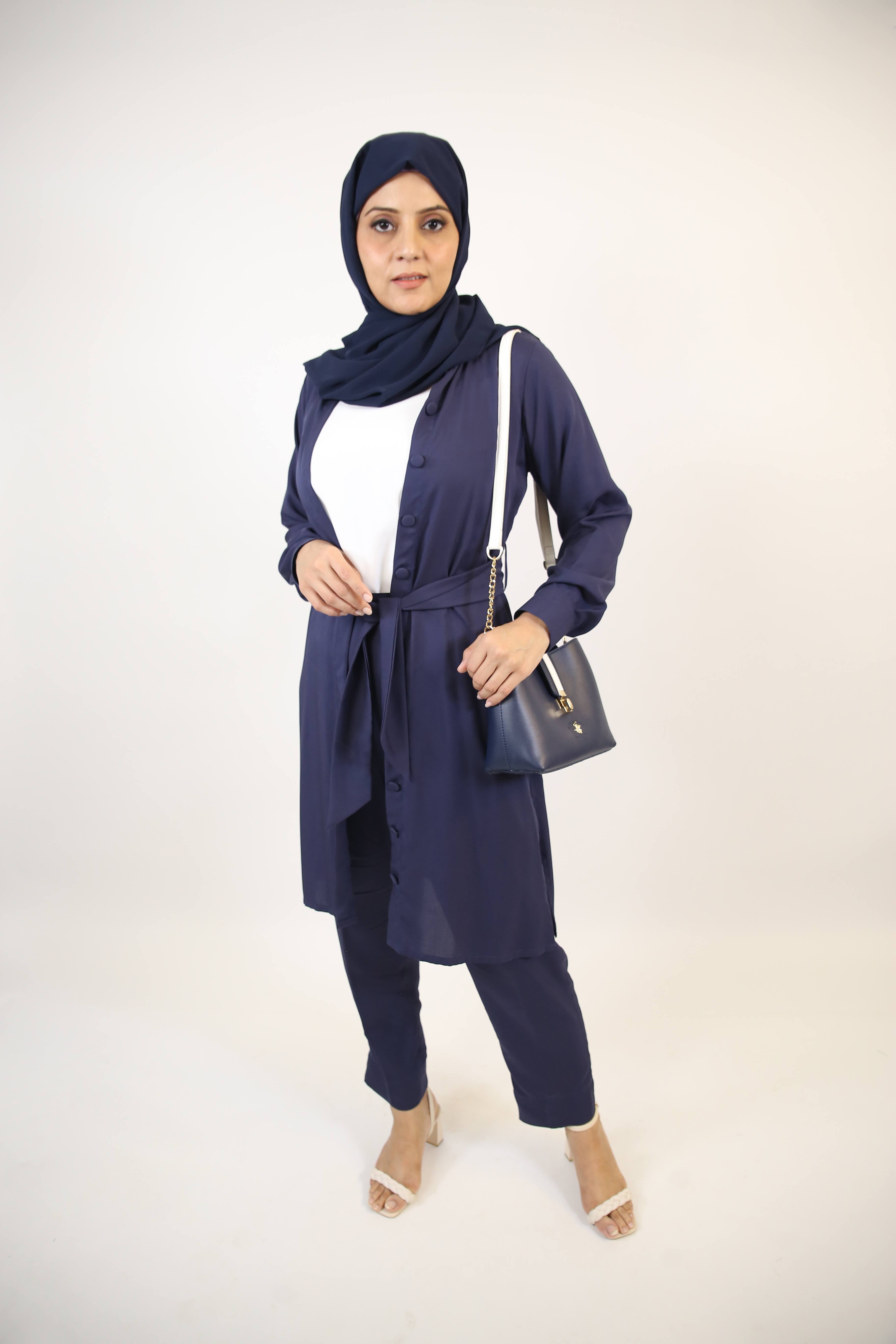 Sirri- Sublime modest two piece set with tunic and wide leg pants- Sapphire blue