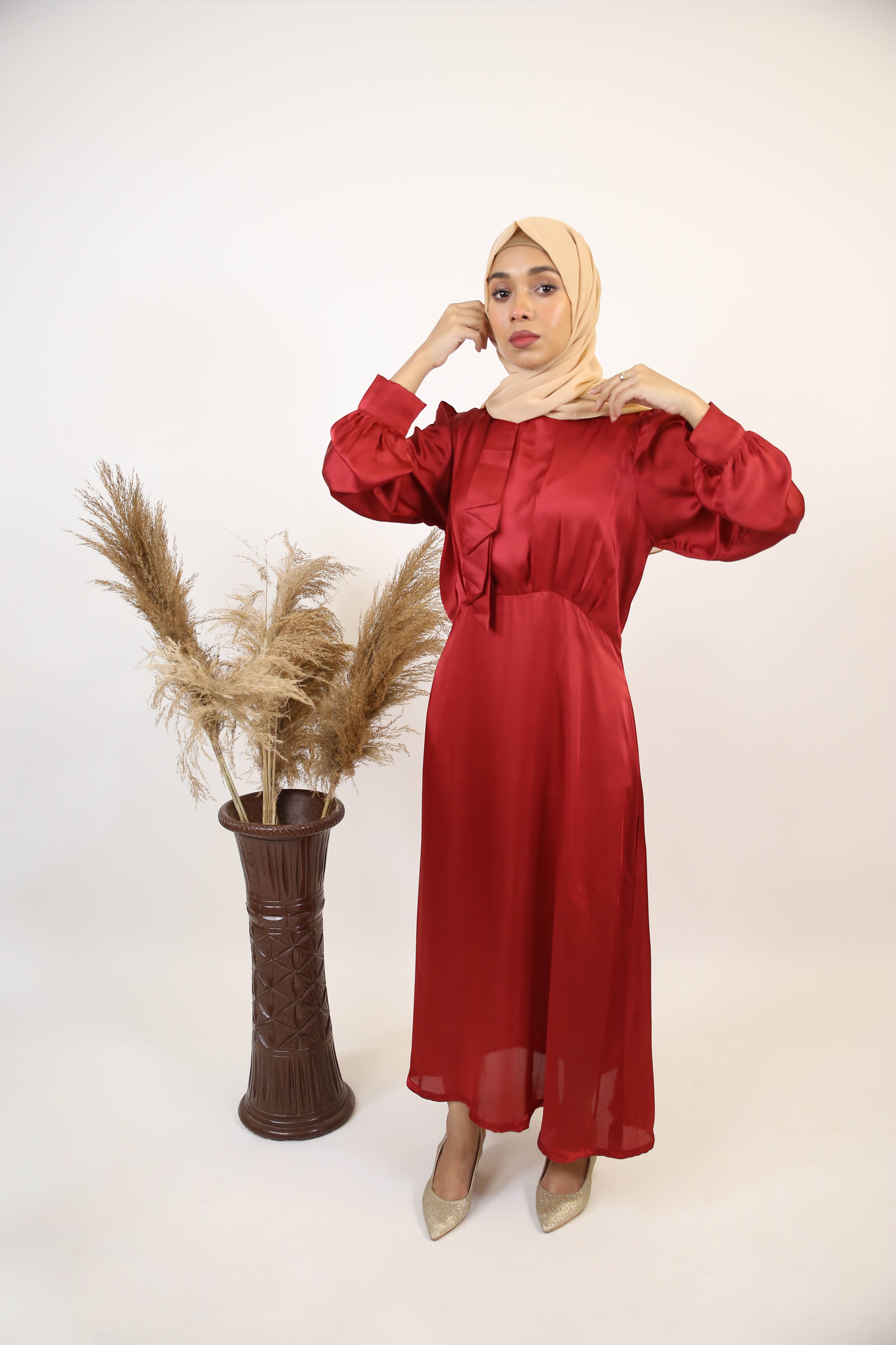 Yaqoot- Stunning Satin Maxi dress with bow detailing and bishop sleeves- Cherry Red