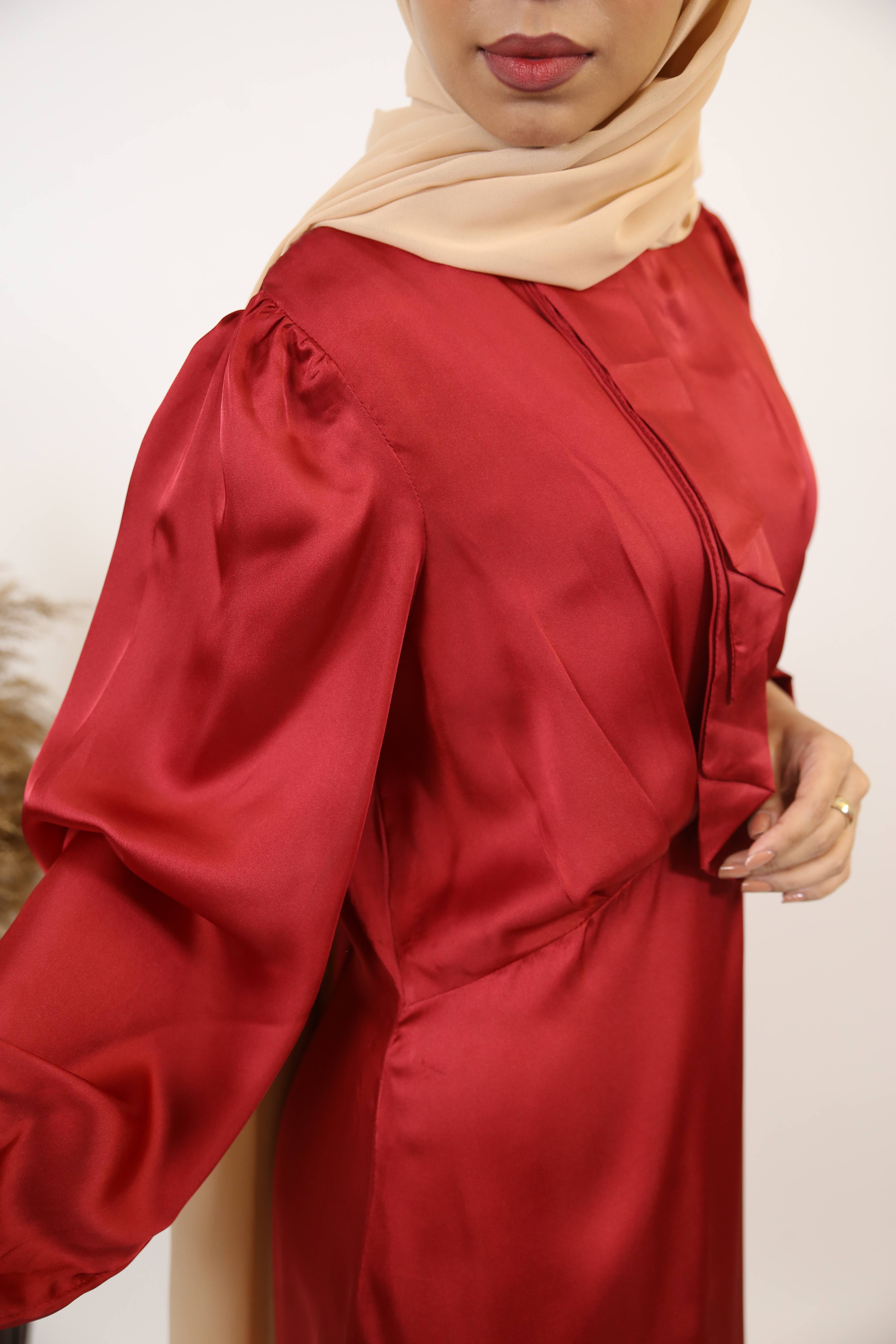 Yaqoot- Stunning Satin Maxi dress with bow detailing and bishop sleeves- Cherry Red