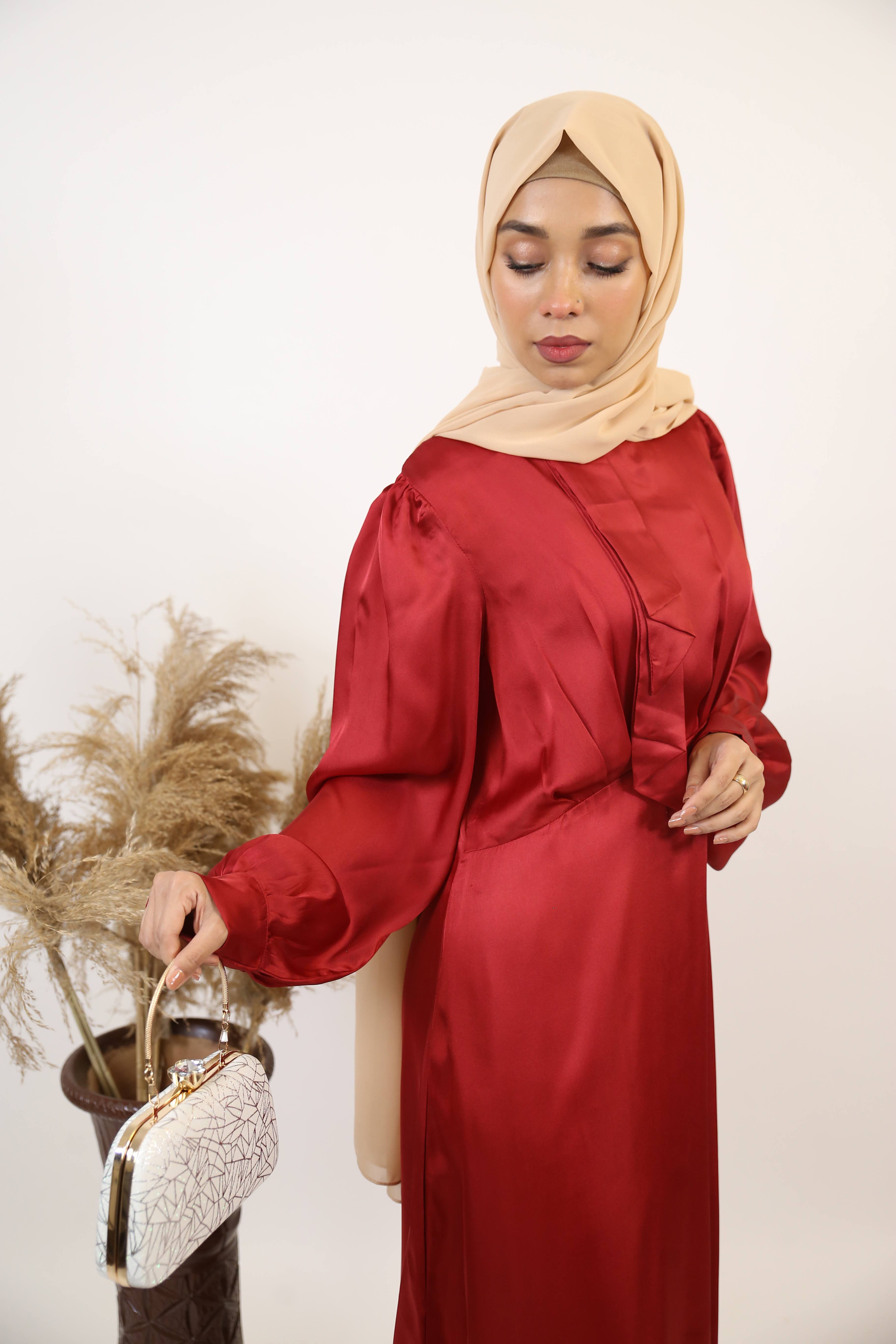 Yaqoot- Stunning Satin Maxi dress with bow detailing and bishop sleeves- Cherry Red