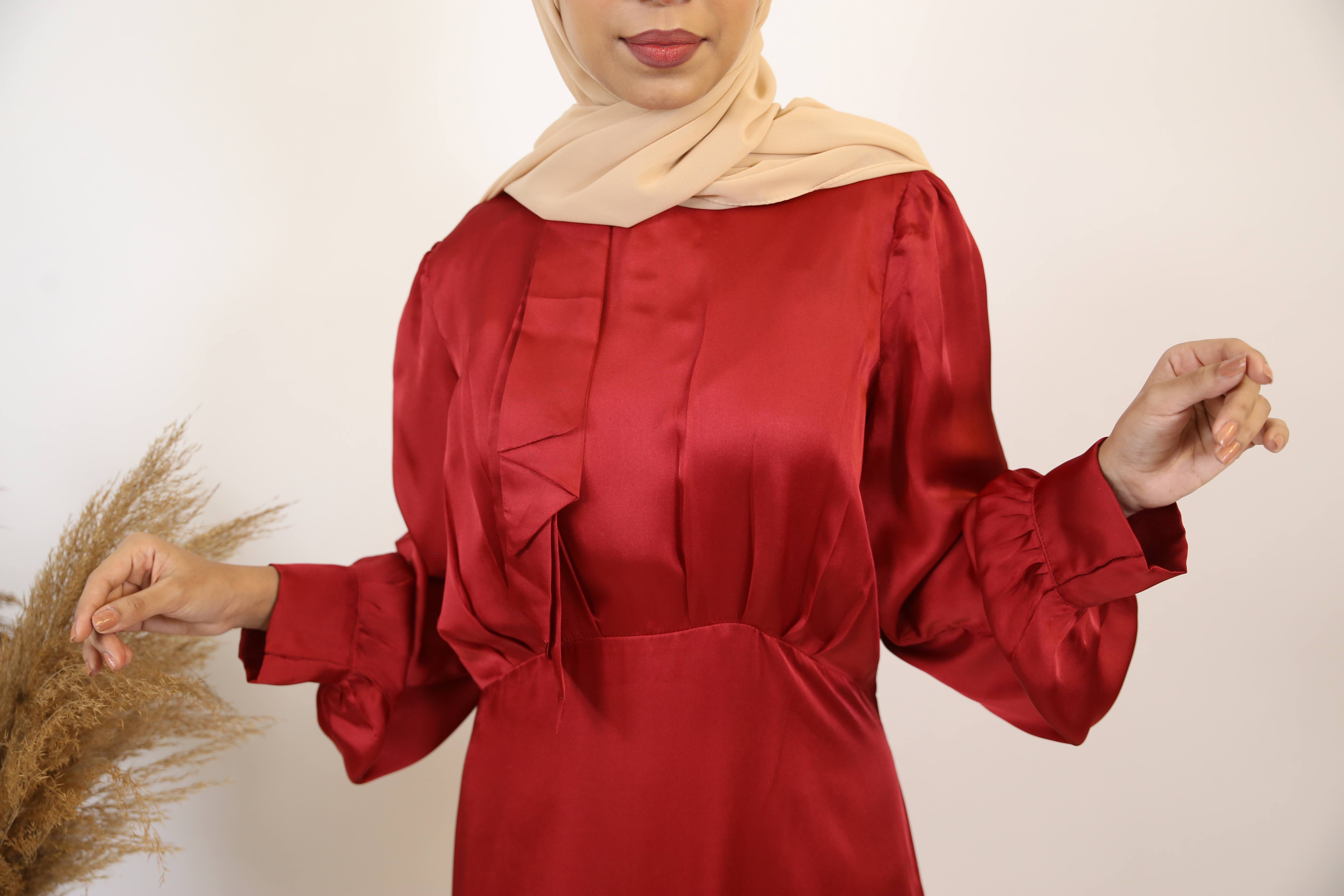 Yaqoot- Stunning Satin Maxi dress with bow detailing and bishop sleeves- Cherry Red