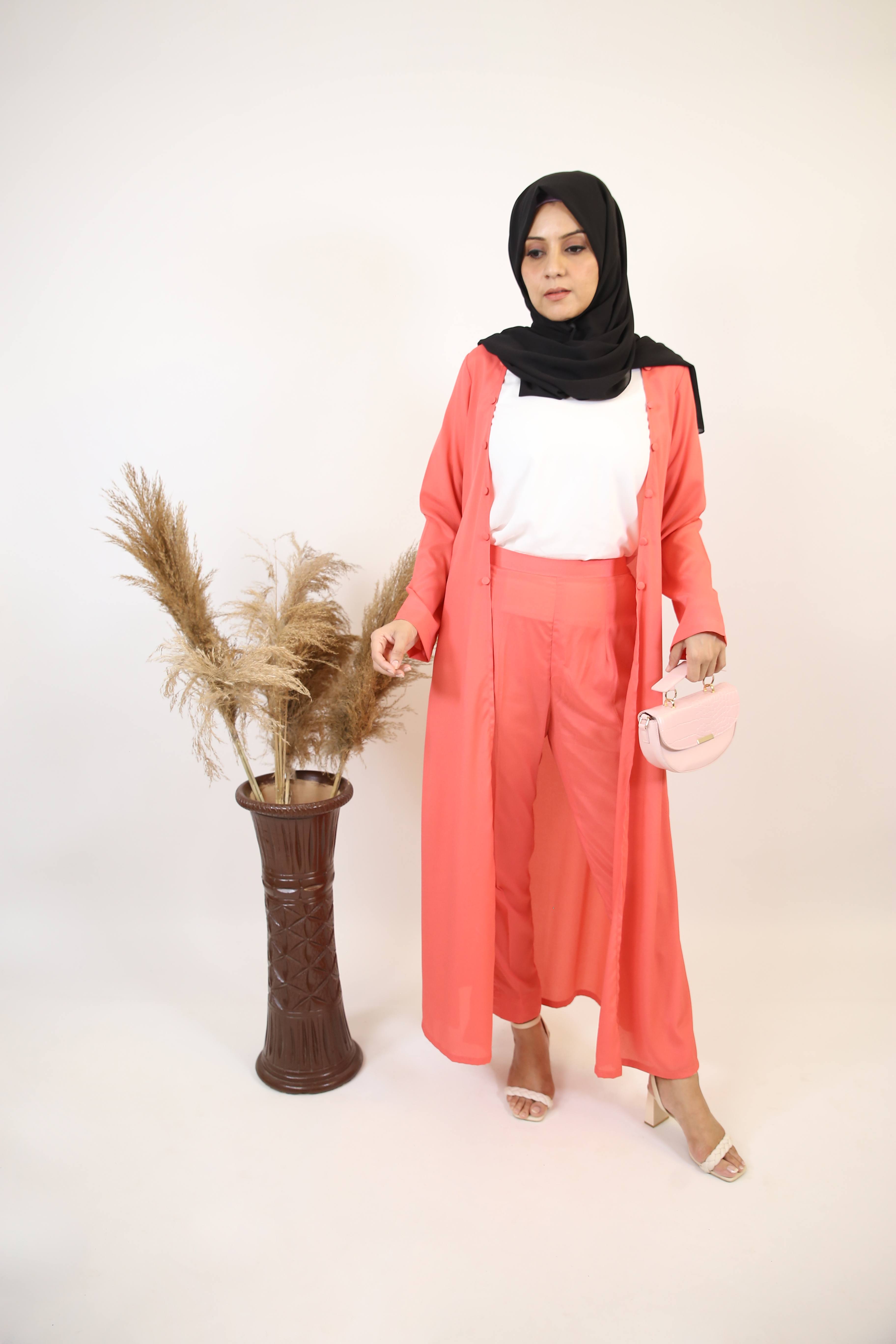 Nuham- Exquisite modest two piece throw over abaya with pant set- Rose pink