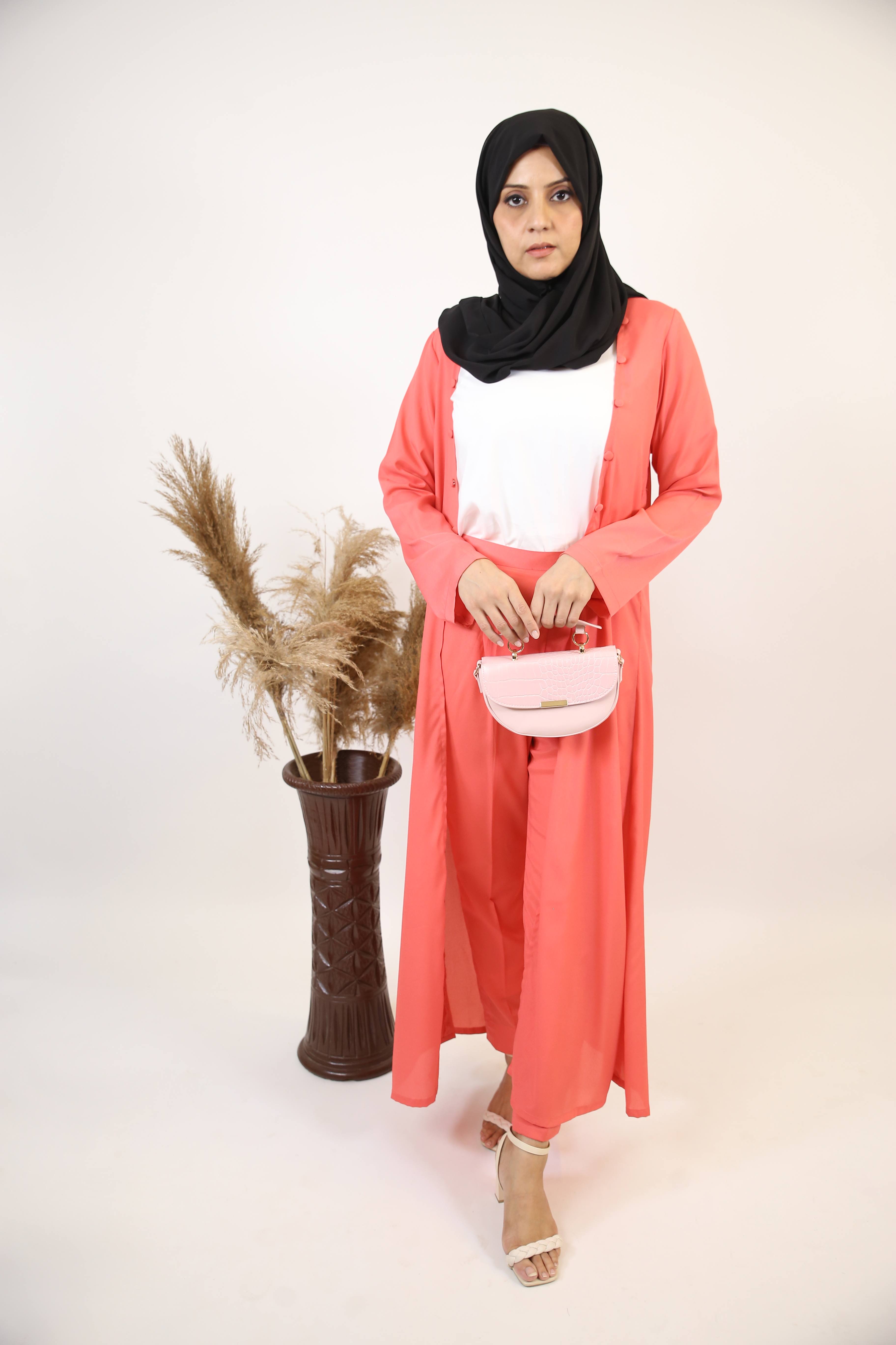 Nuham- Exquisite modest two piece throw over abaya with pant set- Rose pink