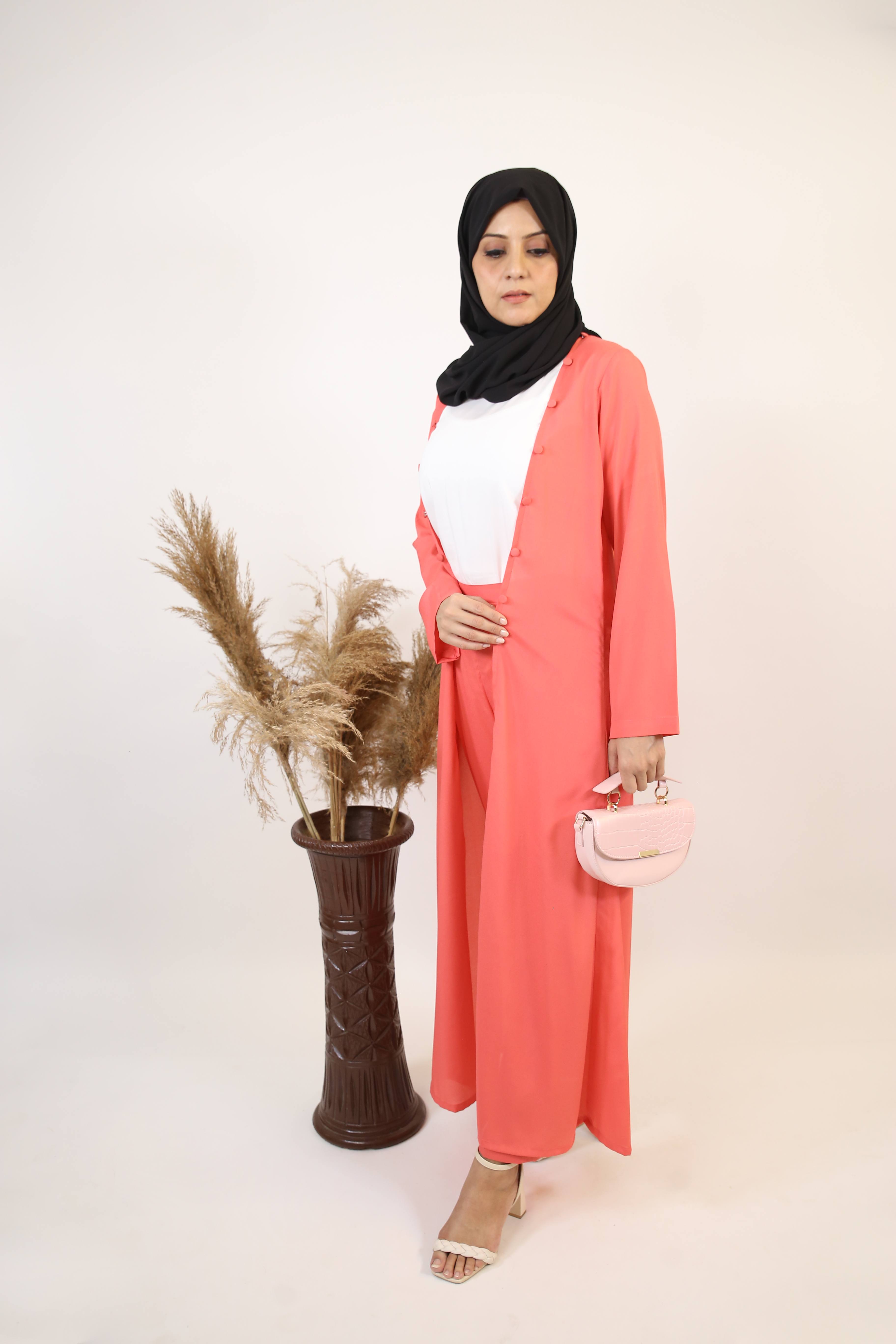 Nuham- Exquisite modest two piece throw over abaya with pant set- Rose pink