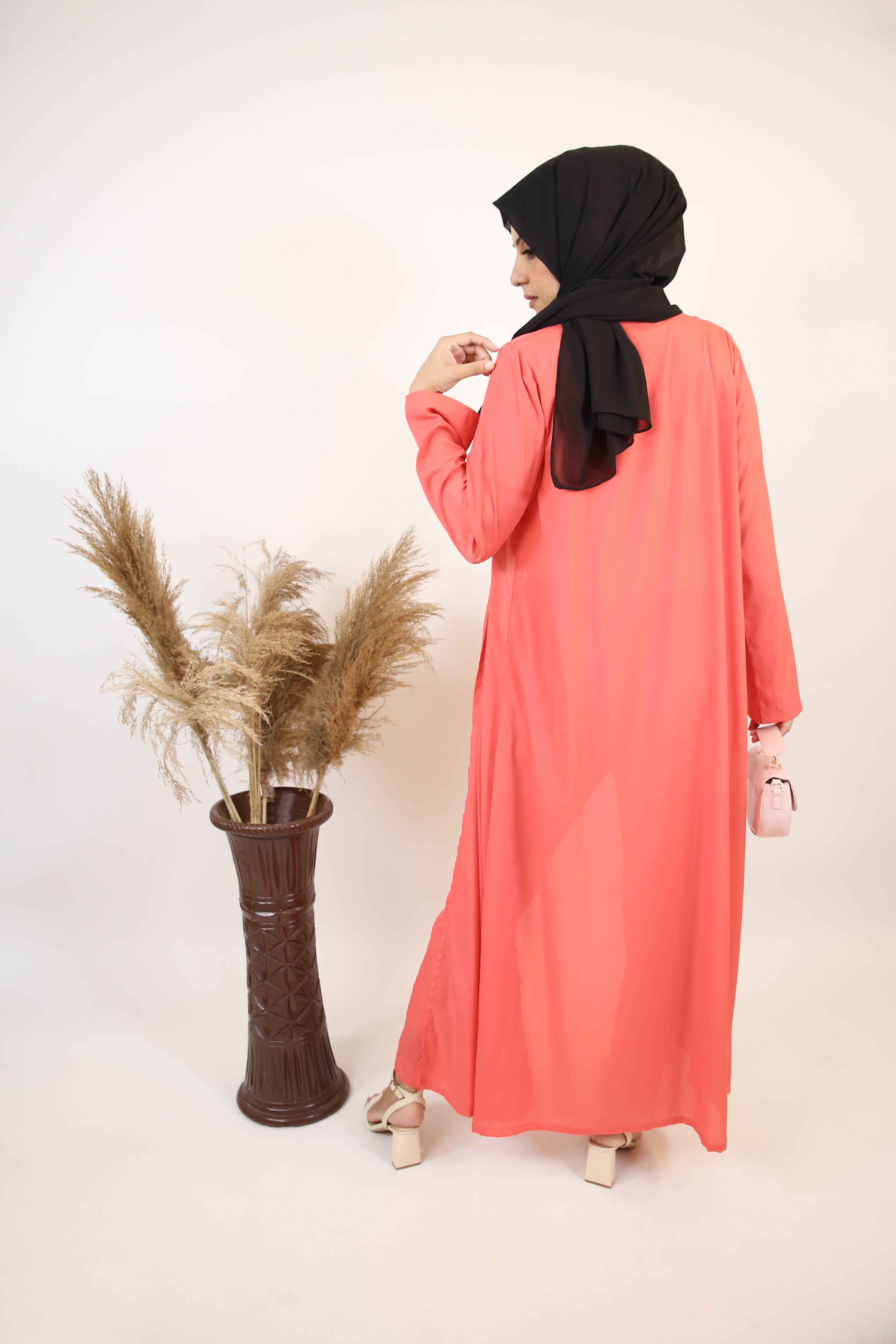 Nuham- Exquisite modest two piece throw over abaya with pant set- Rose pink