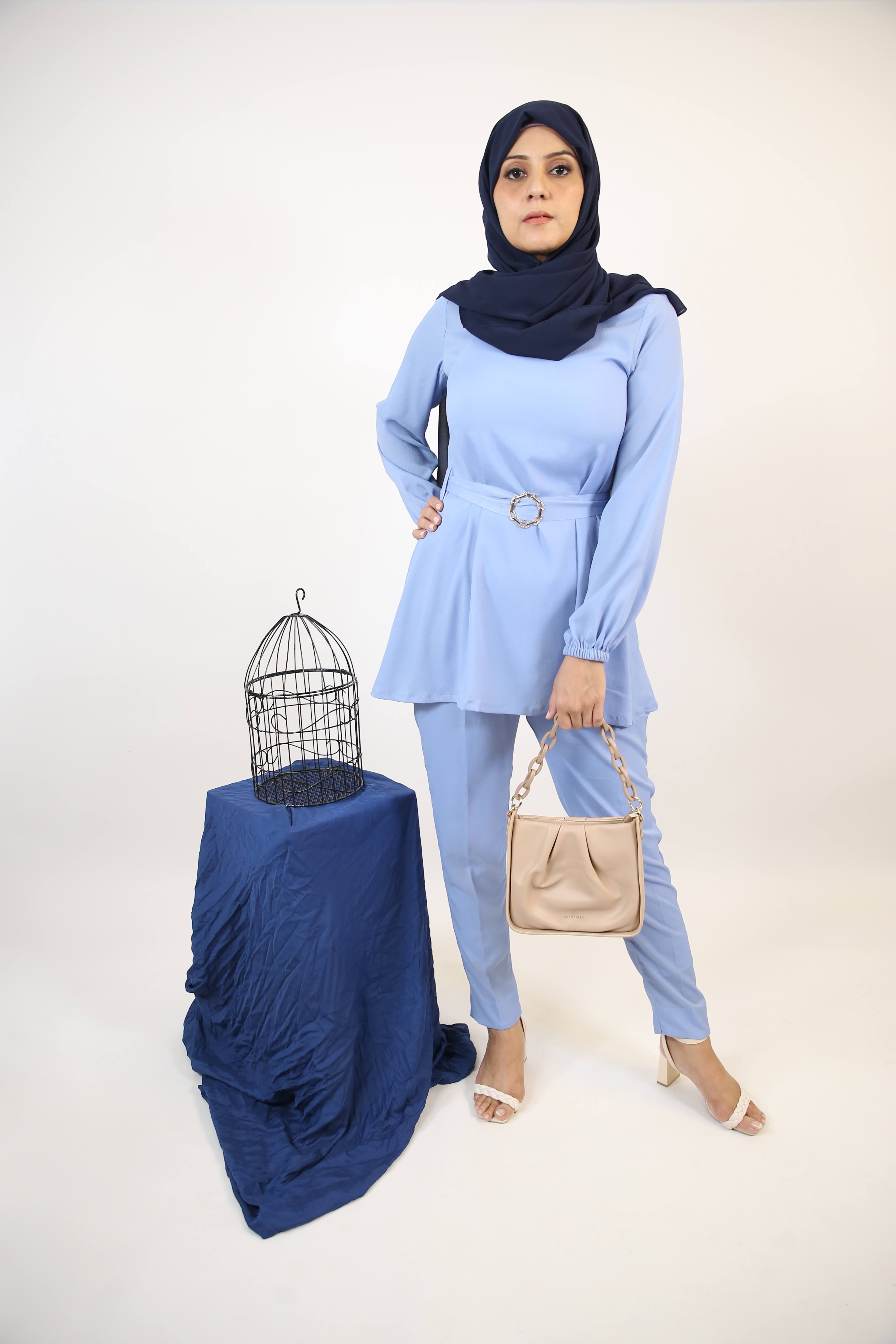 Samawi- Glamorous two piece co ord set with embellished belt- Baby blue