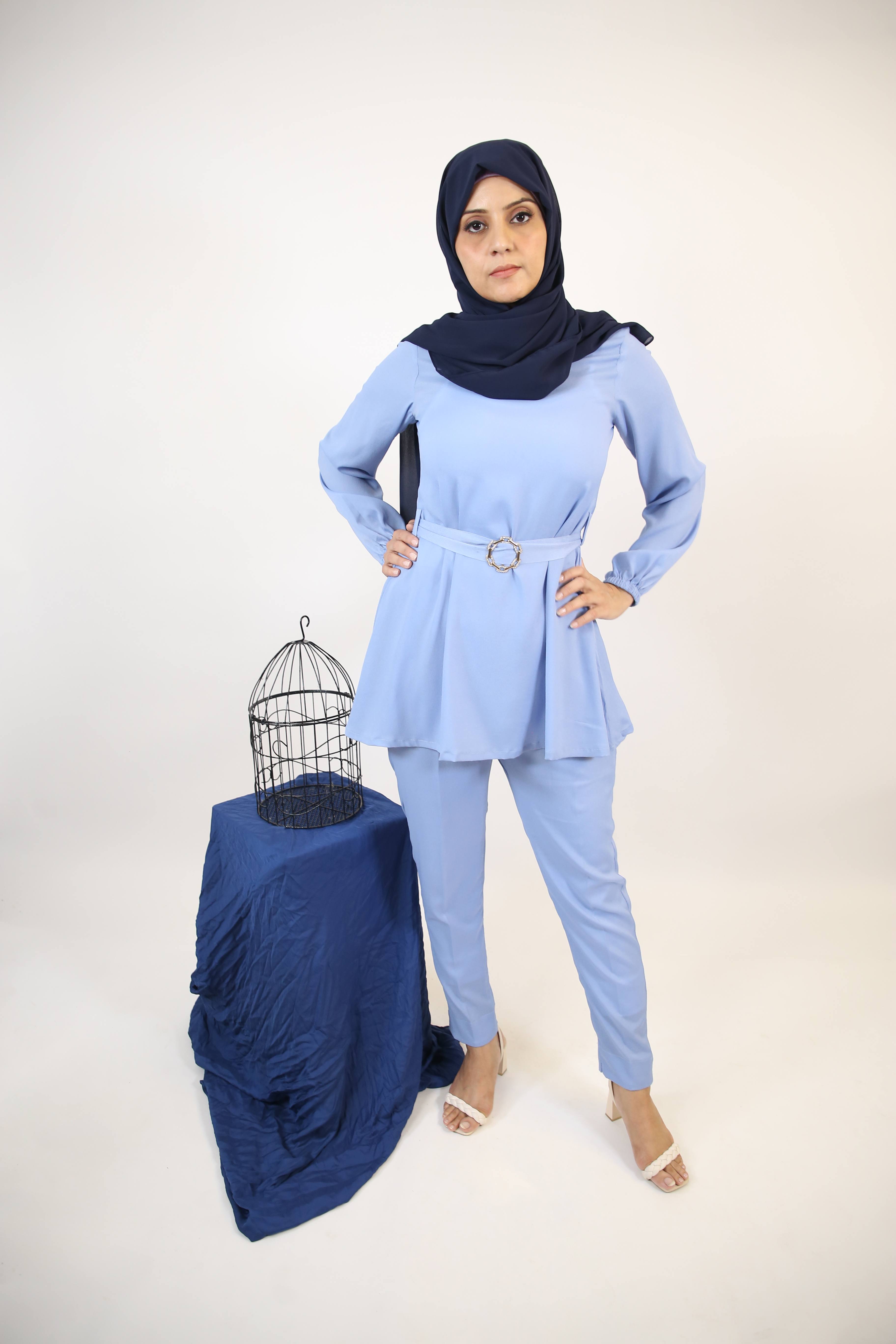 Samawi- Glamorous two piece co ord set with embellished belt- Baby blue