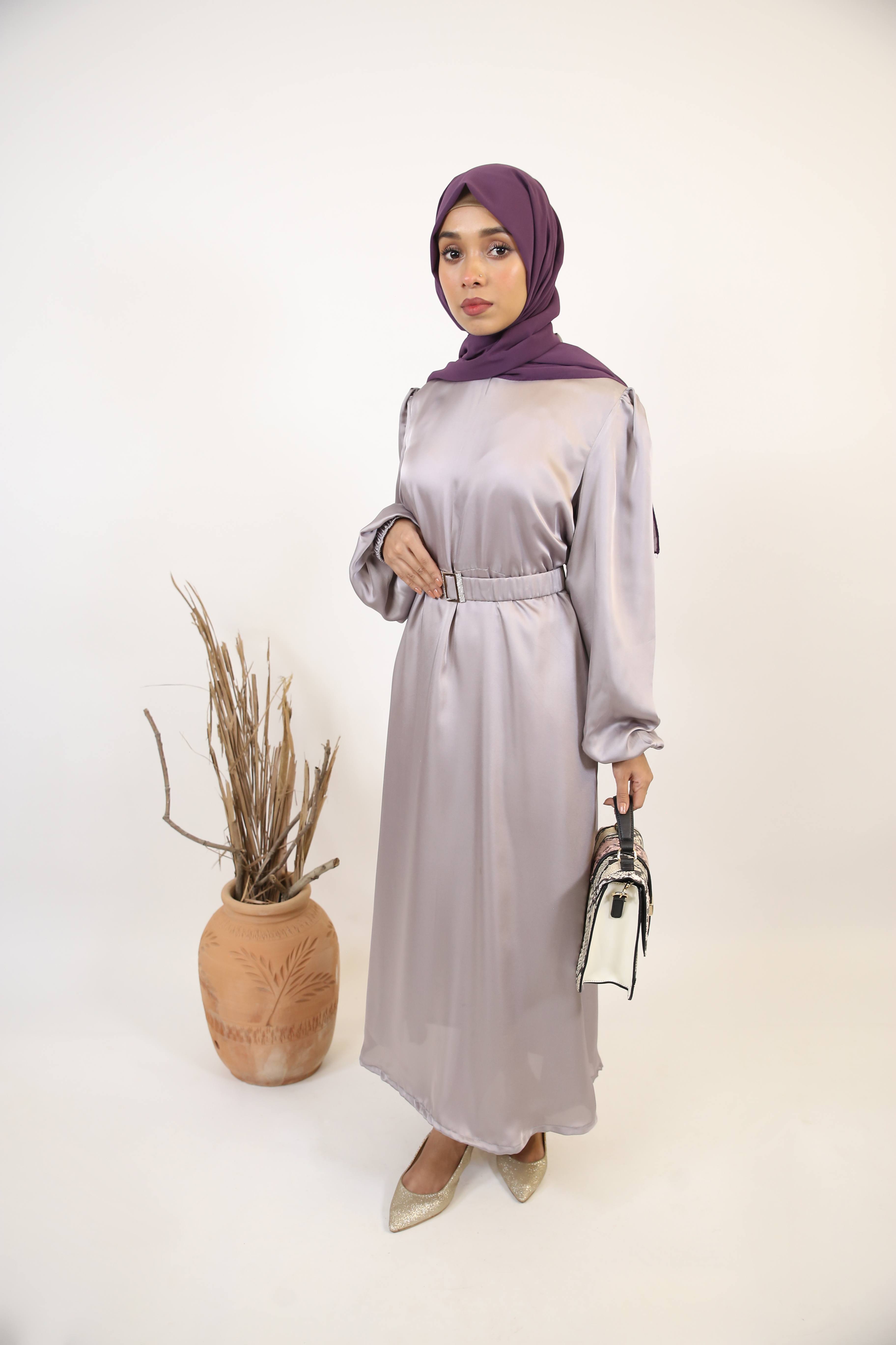 Sakeena- Enchanting Satin non sheer maxi dress with belt embellishment and bishop sleeves- Silver Gray