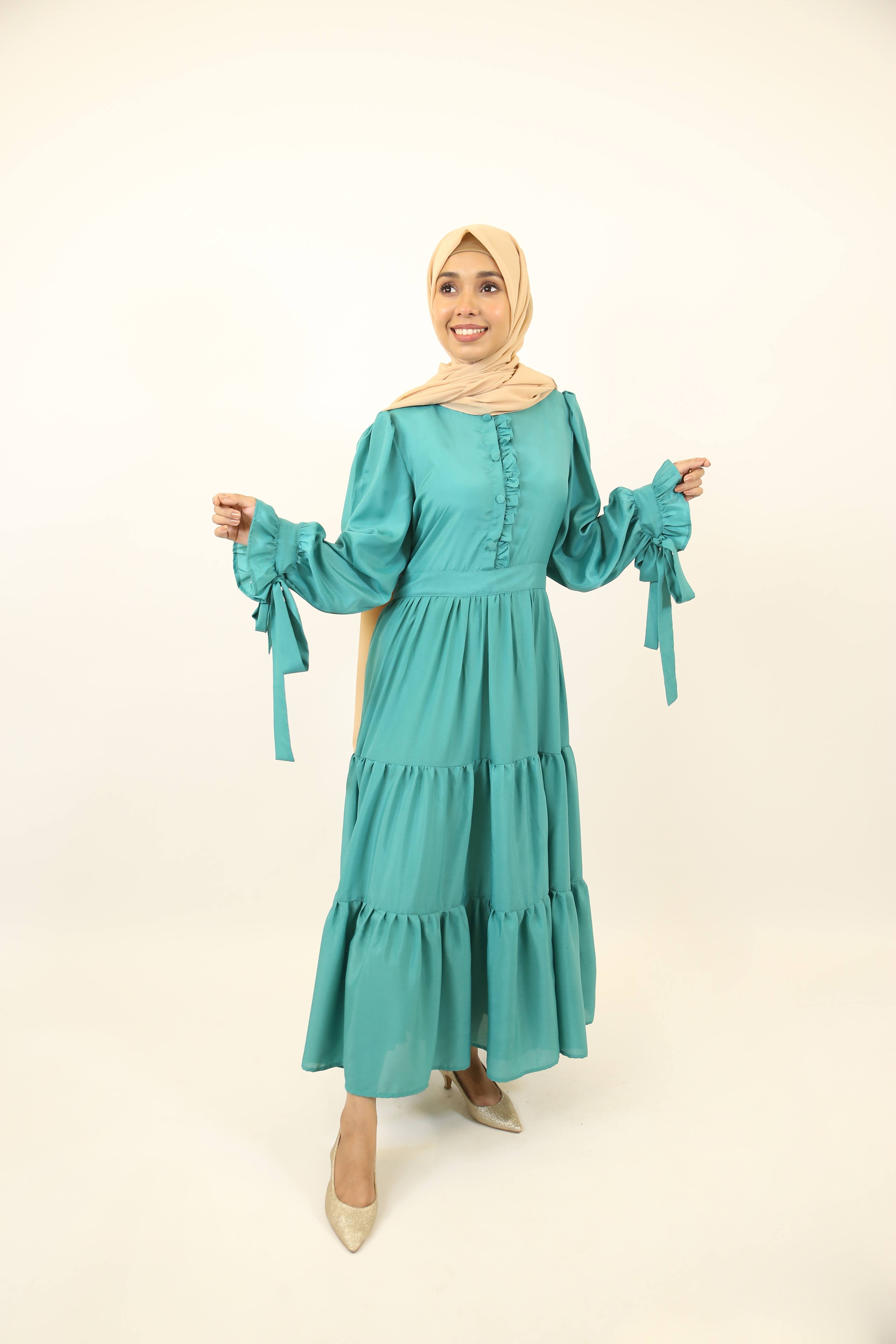 Yashab- Dazzling wrinkle free maxi dress with bow sleeves and ruched detailing with back tie belt- Emerald Green