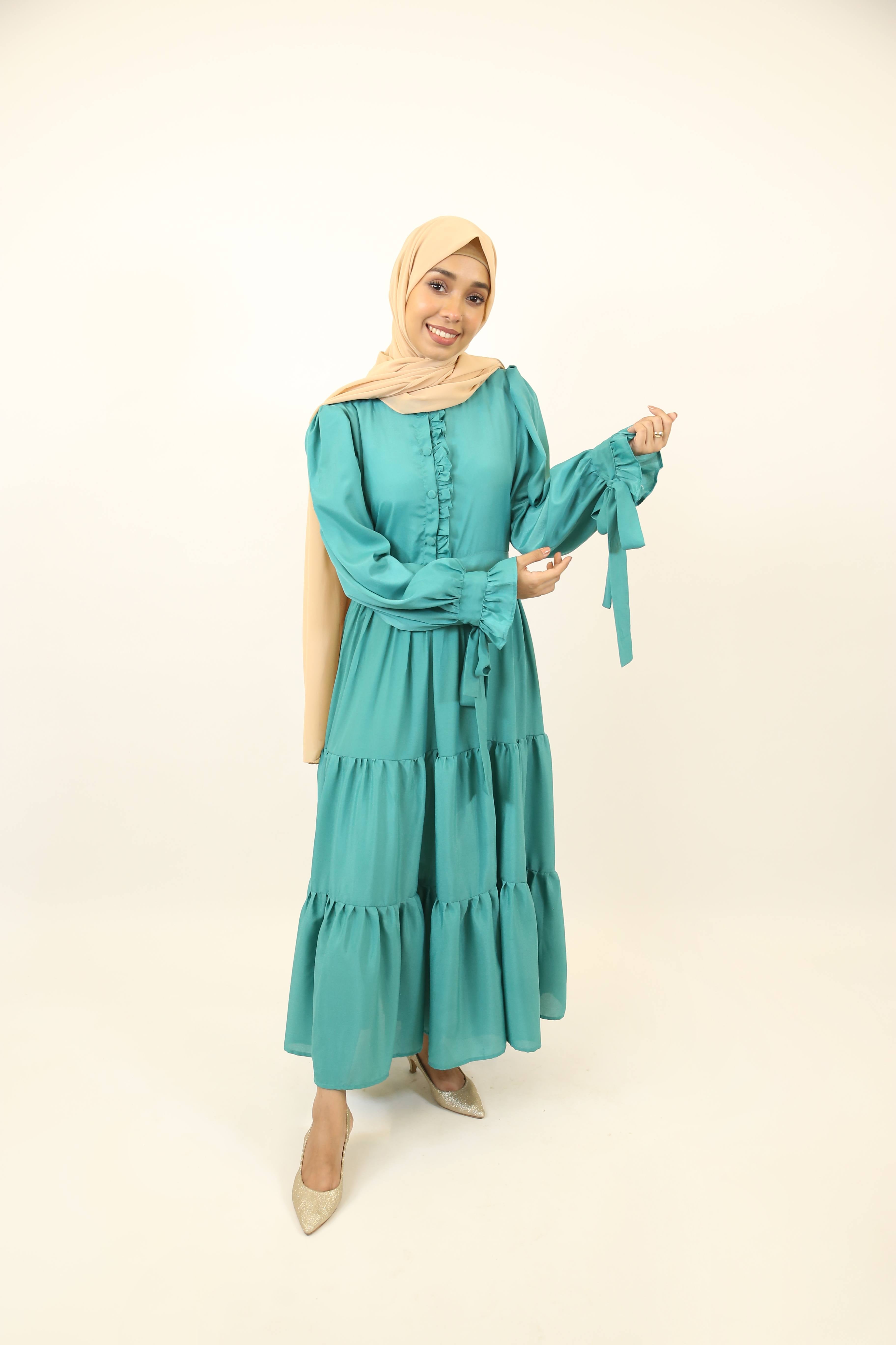 Yashab- Dazzling wrinkle free maxi dress with bow sleeves and ruched detailing with back tie belt- Emerald Green