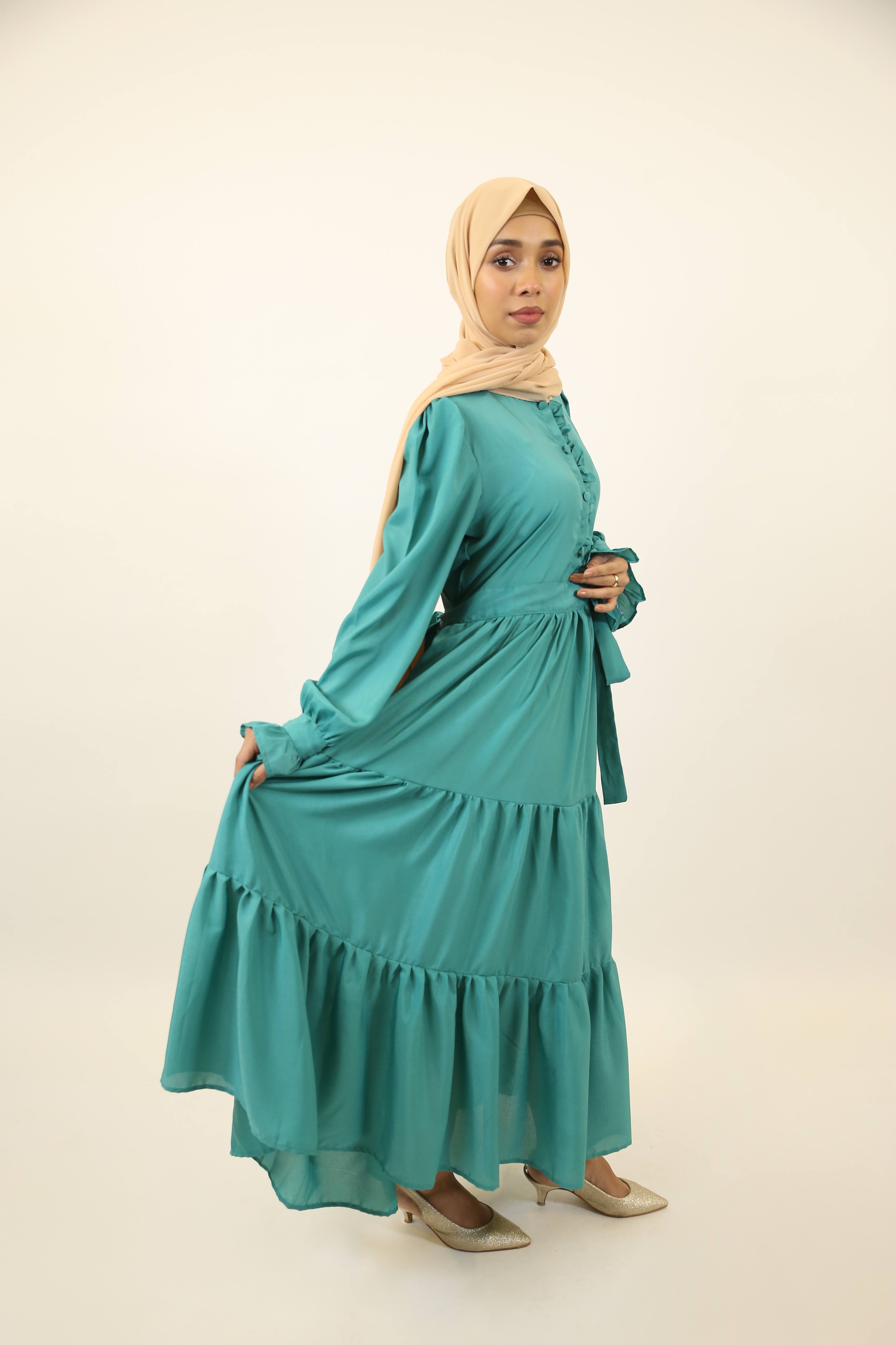 Yashab- Dazzling wrinkle free maxi dress with bow sleeves and ruched detailing with back tie belt- Emerald Green