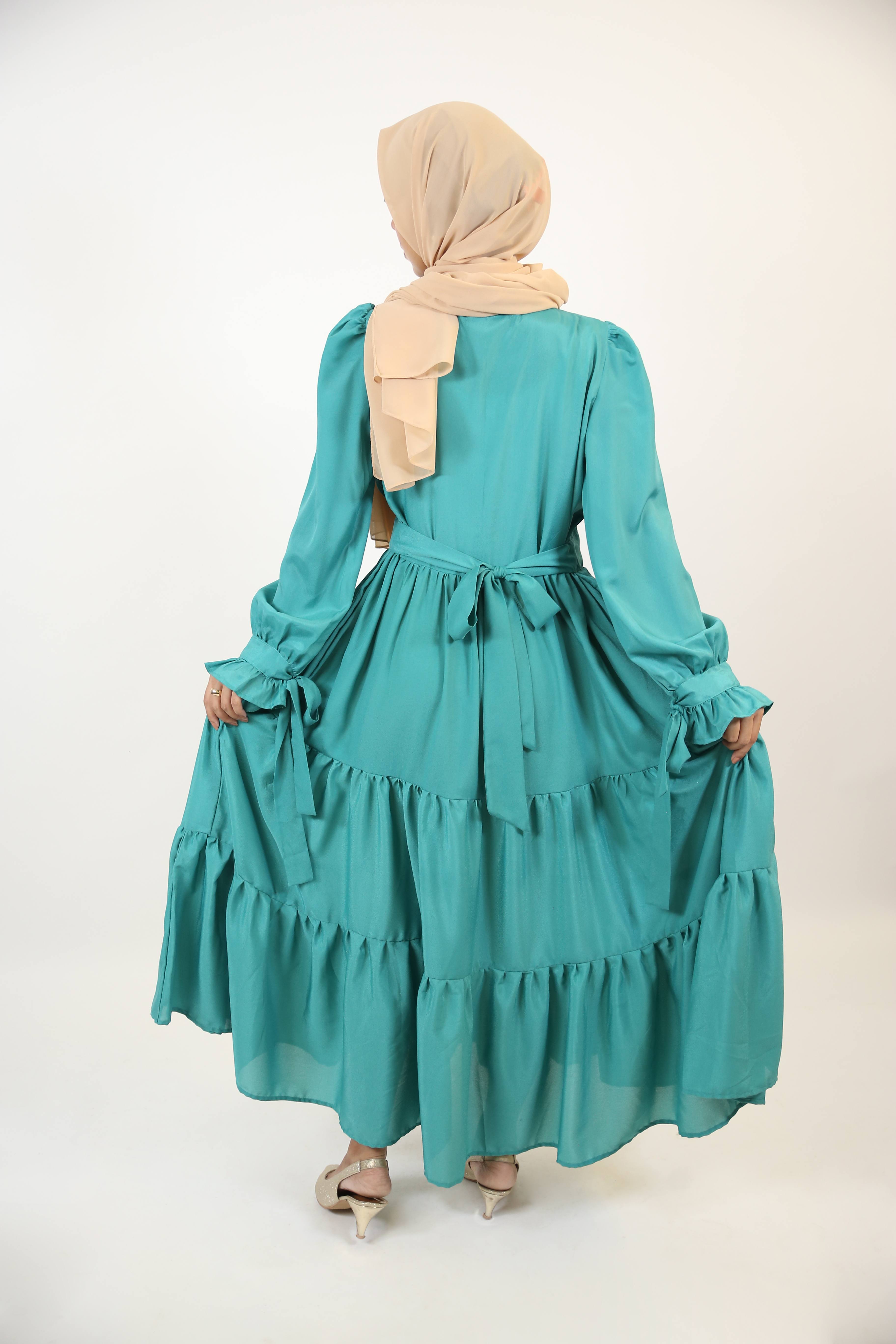 Yashab- Dazzling wrinkle free maxi dress with bow sleeves and ruched detailing with back tie belt- Emerald Green